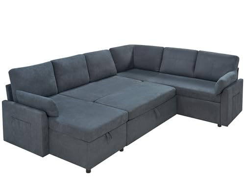 112 Inch Pull Out Sofa Bed with Storage Chaise & 3 Seater, Oversized U Shape Sectional Couch with Pull Out Bed,
