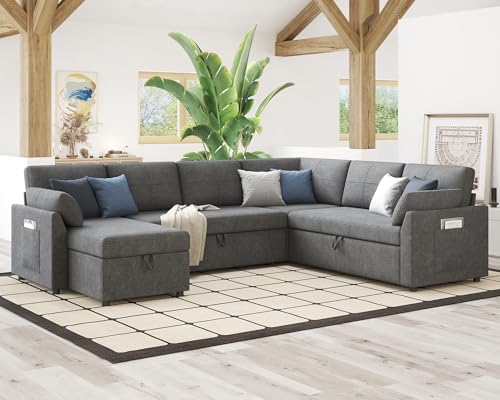 112 Inch Pull Out Sofa Bed with Storage Chaise & 3 Seater, Oversized U Shape Sectional Couch with Pull Out Bed,