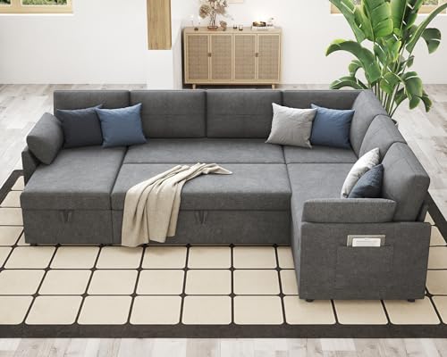 112 Inch Pull Out Sofa Bed with Storage Chaise & 3 Seater, Oversized U Shape Sectional Couch with Pull Out Bed,