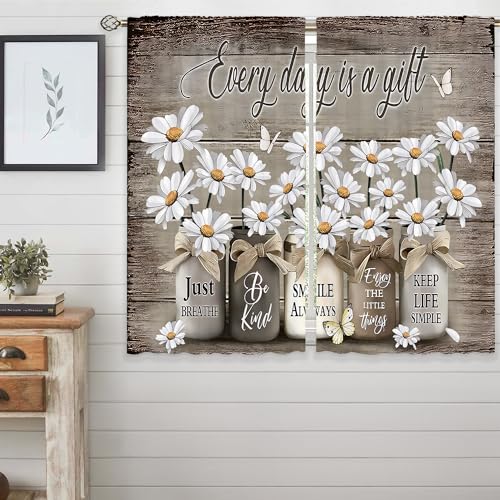 Floral Kitchen Curtains Daisy Rustic Vintage Flower Inspirational Small Short Cafe Window Curtains