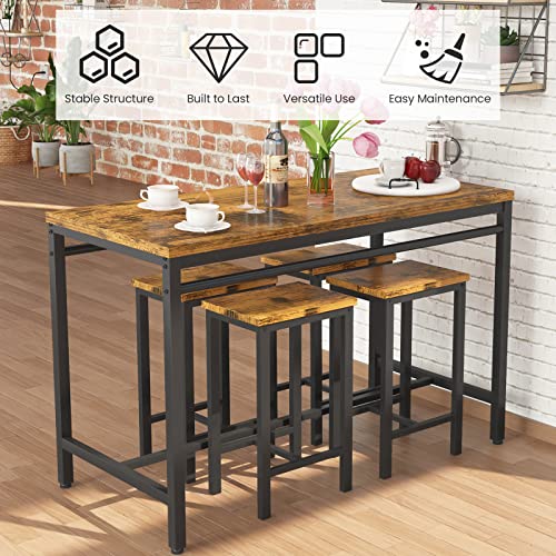 4 Pieces Dining Table Set, Industrial Dining Table with Bench and Chairs, Table Set with Storage Rack
