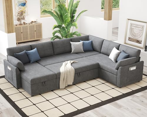 112 Inch Pull Out Sofa Bed with Storage Chaise & 3 Seater, Oversized U Shape Sectional Couch with Pull Out Bed,