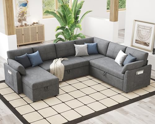 112 Inch Pull Out Sofa Bed with Storage Chaise & 3 Seater, Oversized U Shape Sectional Couch with Pull Out Bed,