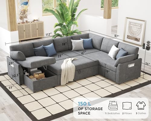 112 Inch Pull Out Sofa Bed with Storage Chaise & 3 Seater, Oversized U Shape Sectional Couch with Pull Out Bed,