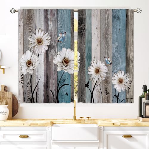 Floral Kitchen Curtains Daisy Rustic Vintage Flower Inspirational Small Short Cafe Window Curtains