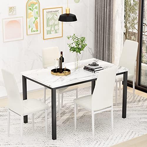 4 Pieces Dining Table Set, Industrial Dining Table with Bench and Chairs, Table Set with Storage Rack
