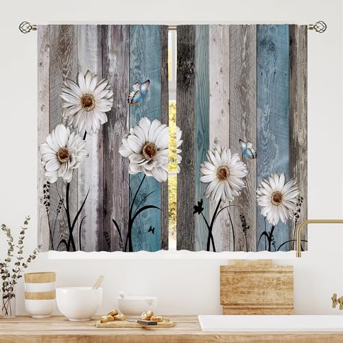 Floral Kitchen Curtains Daisy Rustic Vintage Flower Inspirational Small Short Cafe Window Curtains