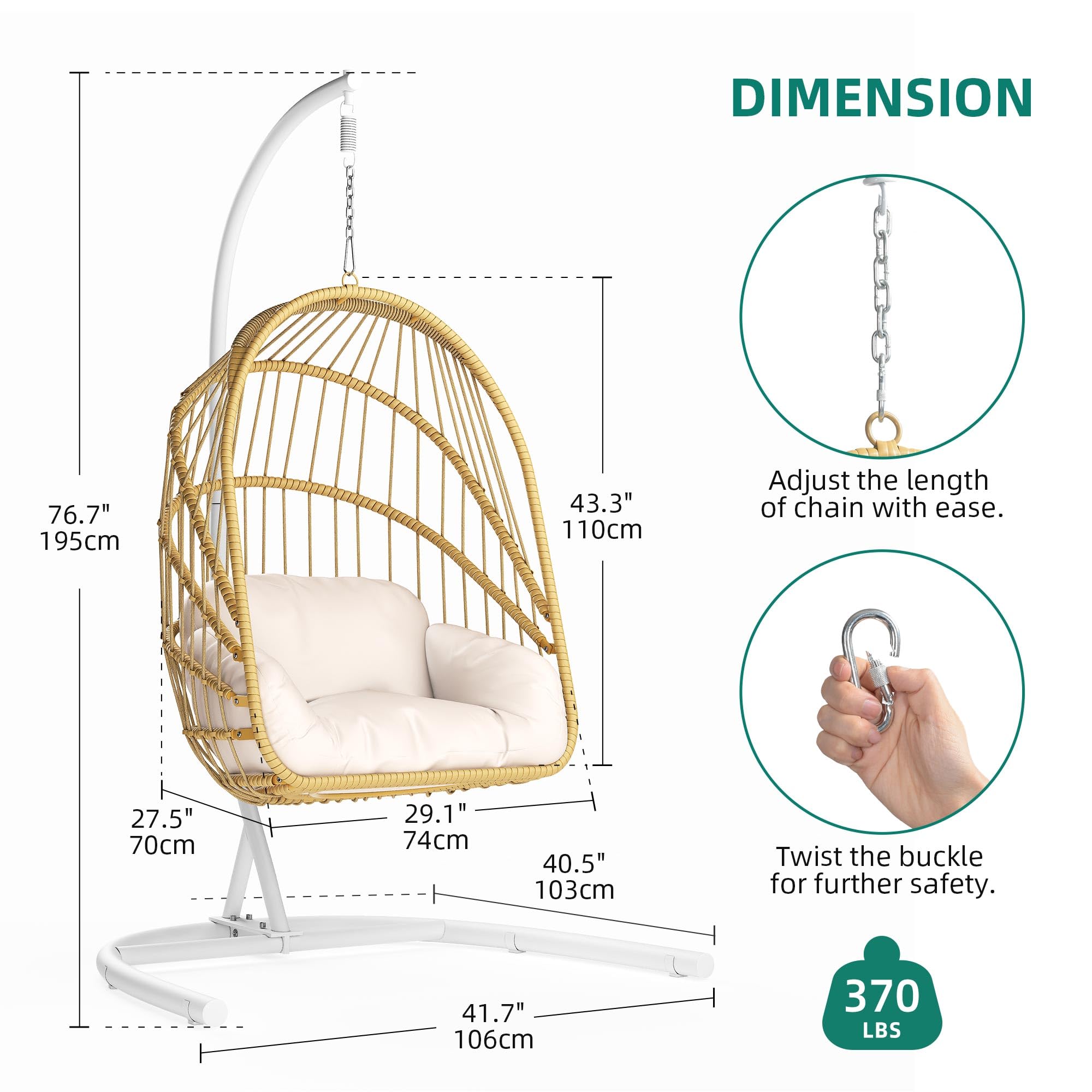 Wicker Hammock Chair Foldable Hanging Basket Chair With or Without Stand for Outdoor, Indoor, Patio,