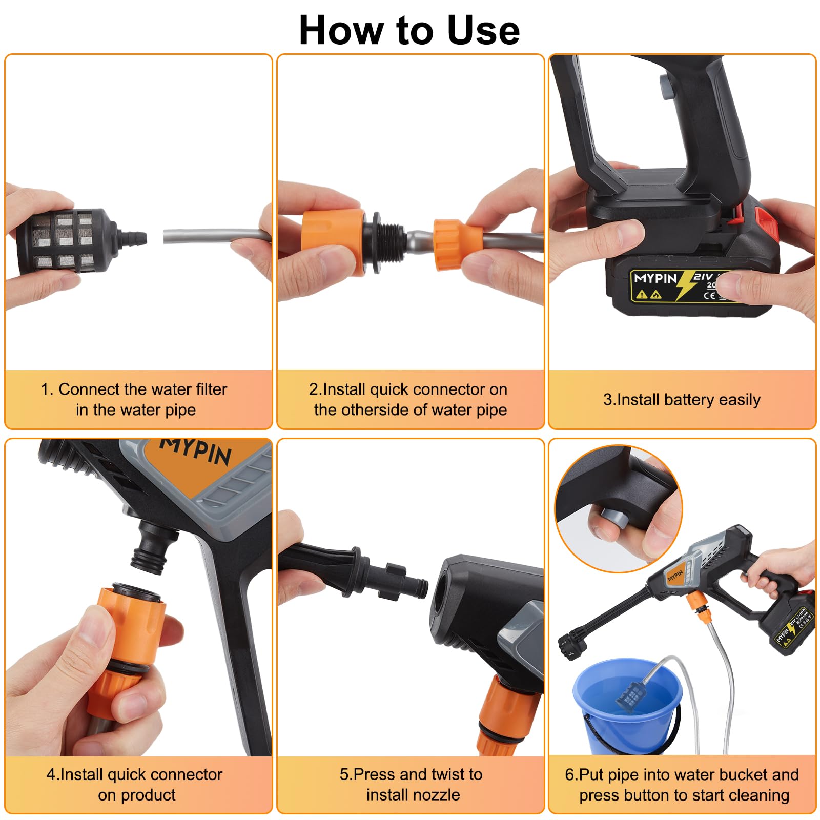 Portable Cordless 6 N 1 Pressure Washer, 600 PSI 21V 30,000mAH Rechargeable Battery Powered