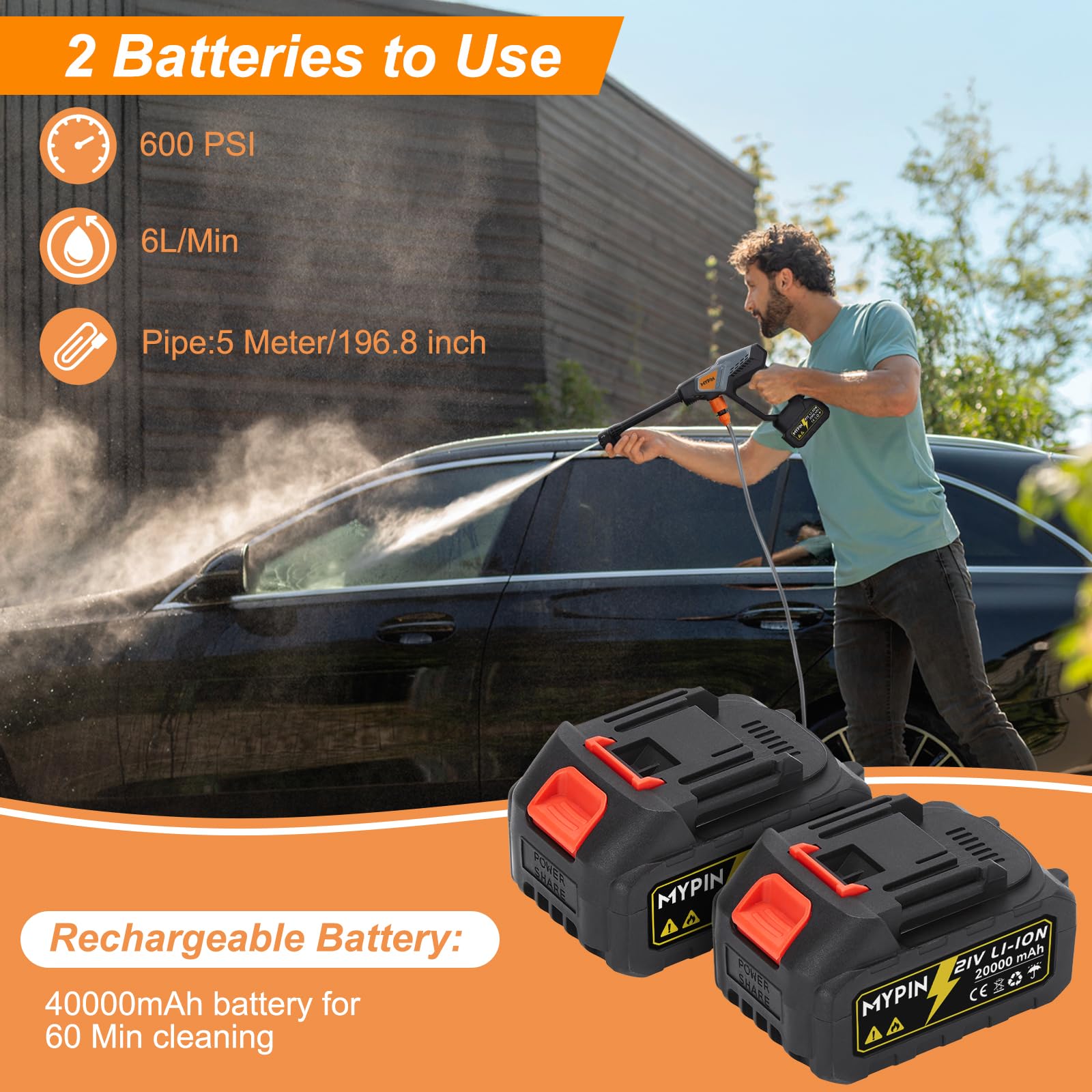Portable Cordless 6 N 1 Pressure Washer, 600 PSI 21V 30,000mAH Rechargeable Battery Powered