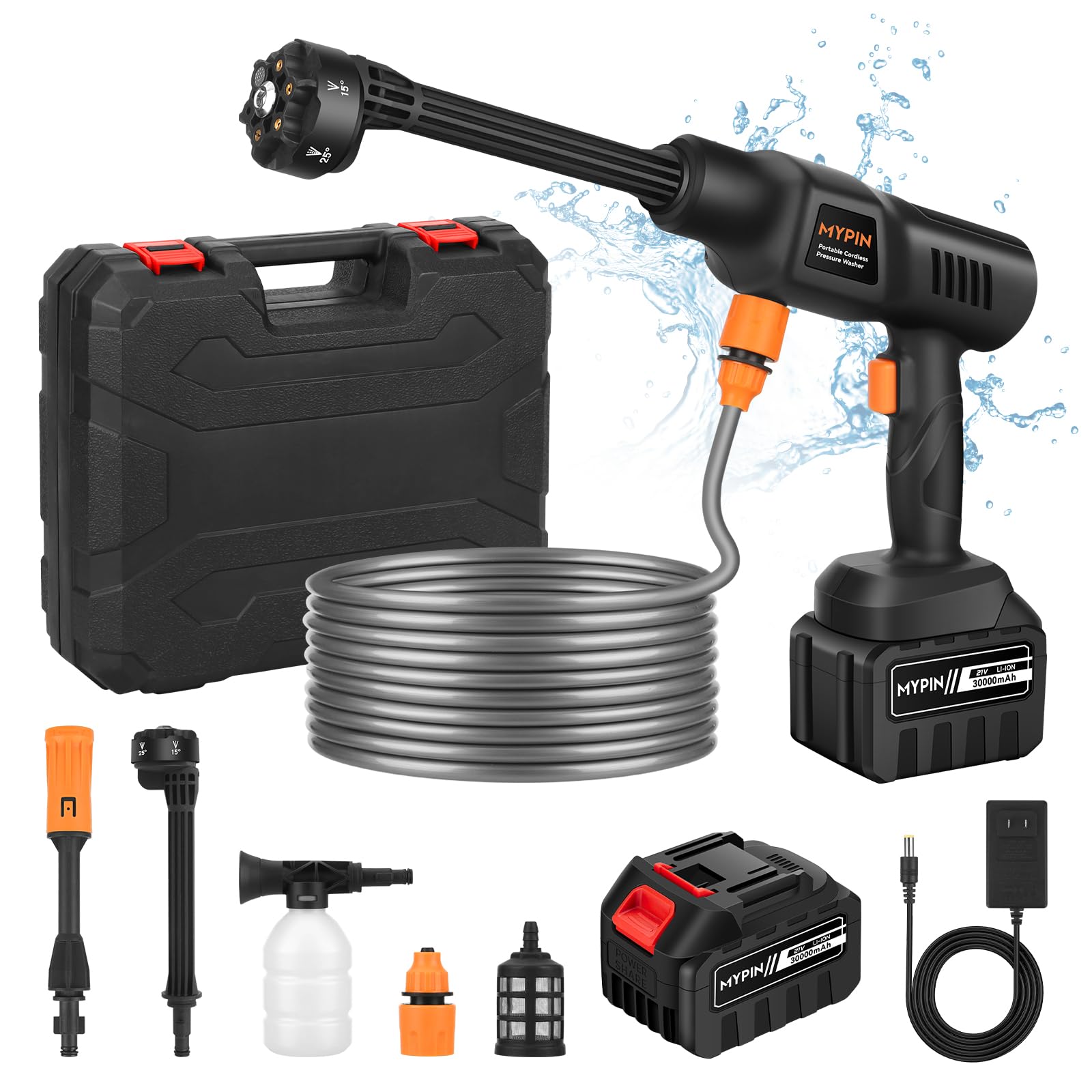 Portable Cordless 6 N 1 Pressure Washer, 600 PSI 21V 30,000mAH Rechargeable Battery Powered