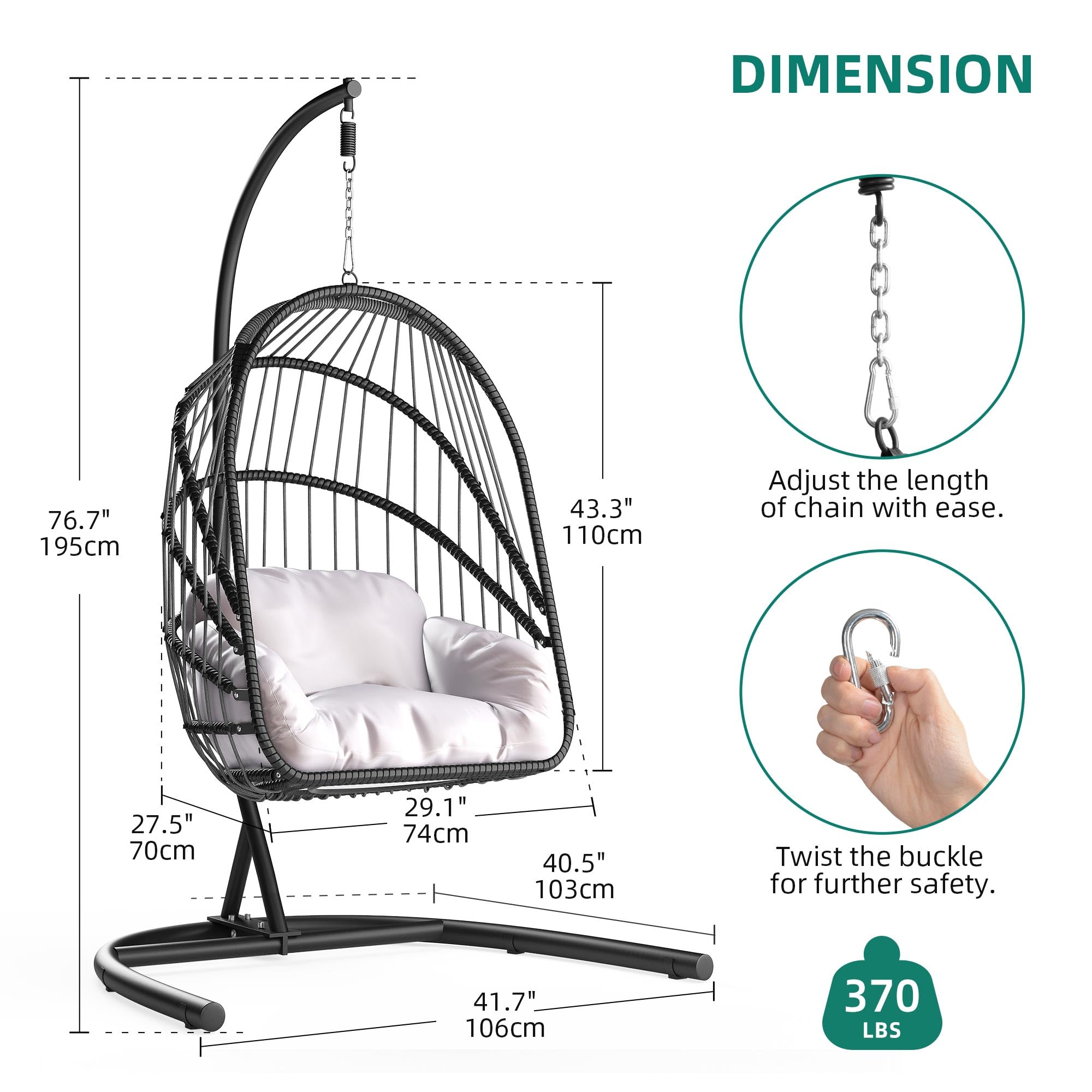 Wicker Hammock Chair Foldable Hanging Basket Chair With or Without Stand for Outdoor, Indoor, Patio,