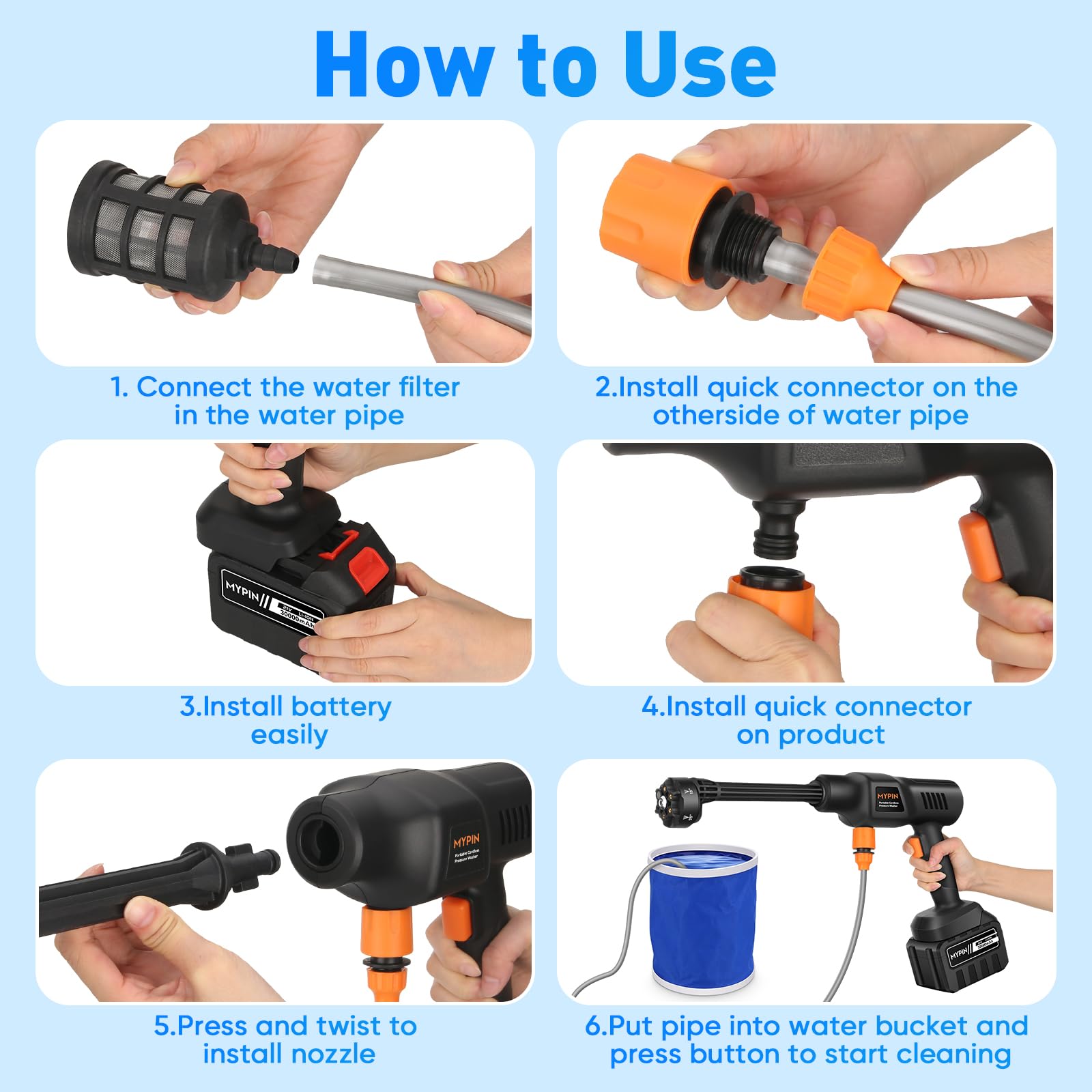Portable Cordless 6 N 1 Pressure Washer, 600 PSI 21V 30,000mAH Rechargeable Battery Powered