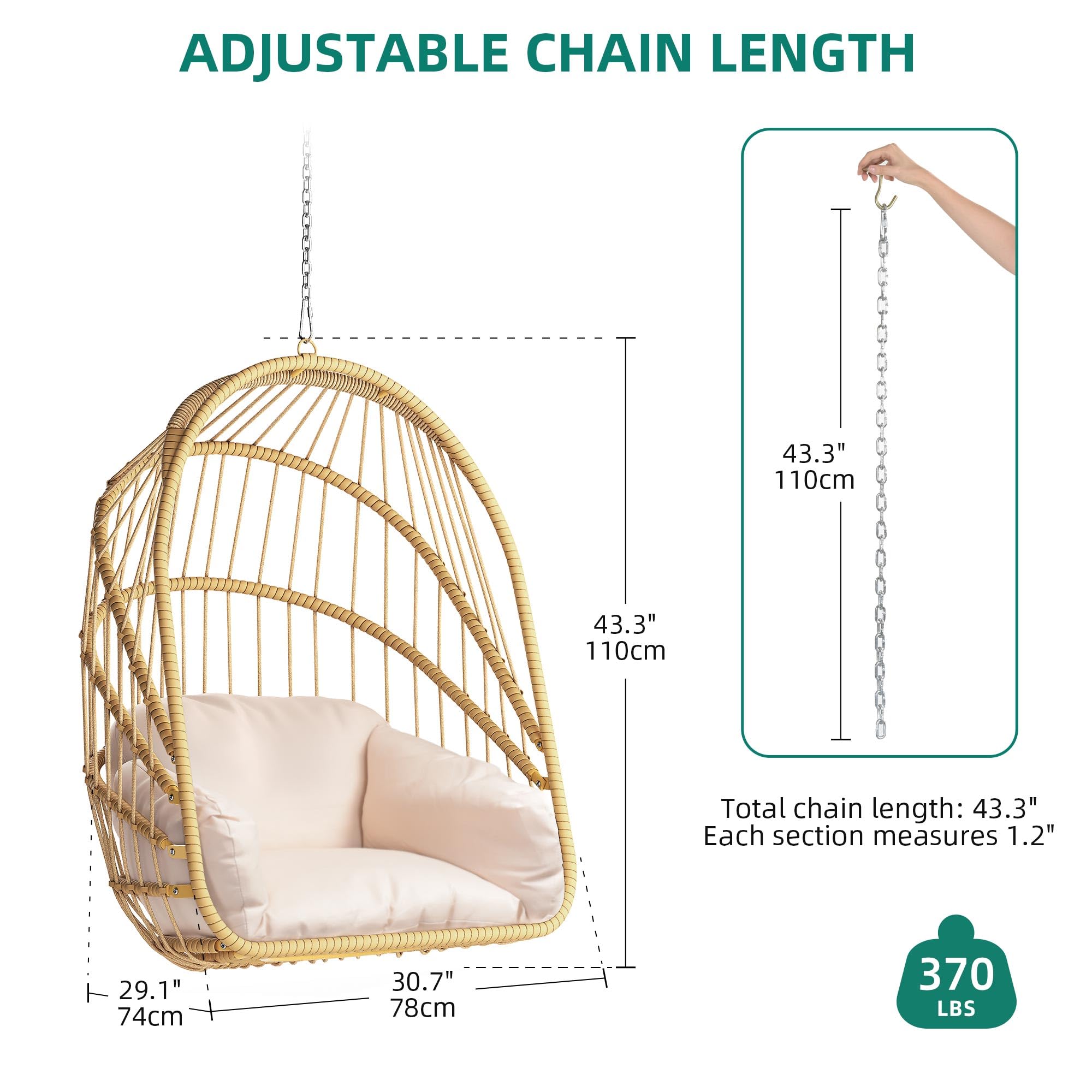 Wicker Hammock Chair Foldable Hanging Basket Chair With or Without Stand for Outdoor, Indoor, Patio,
