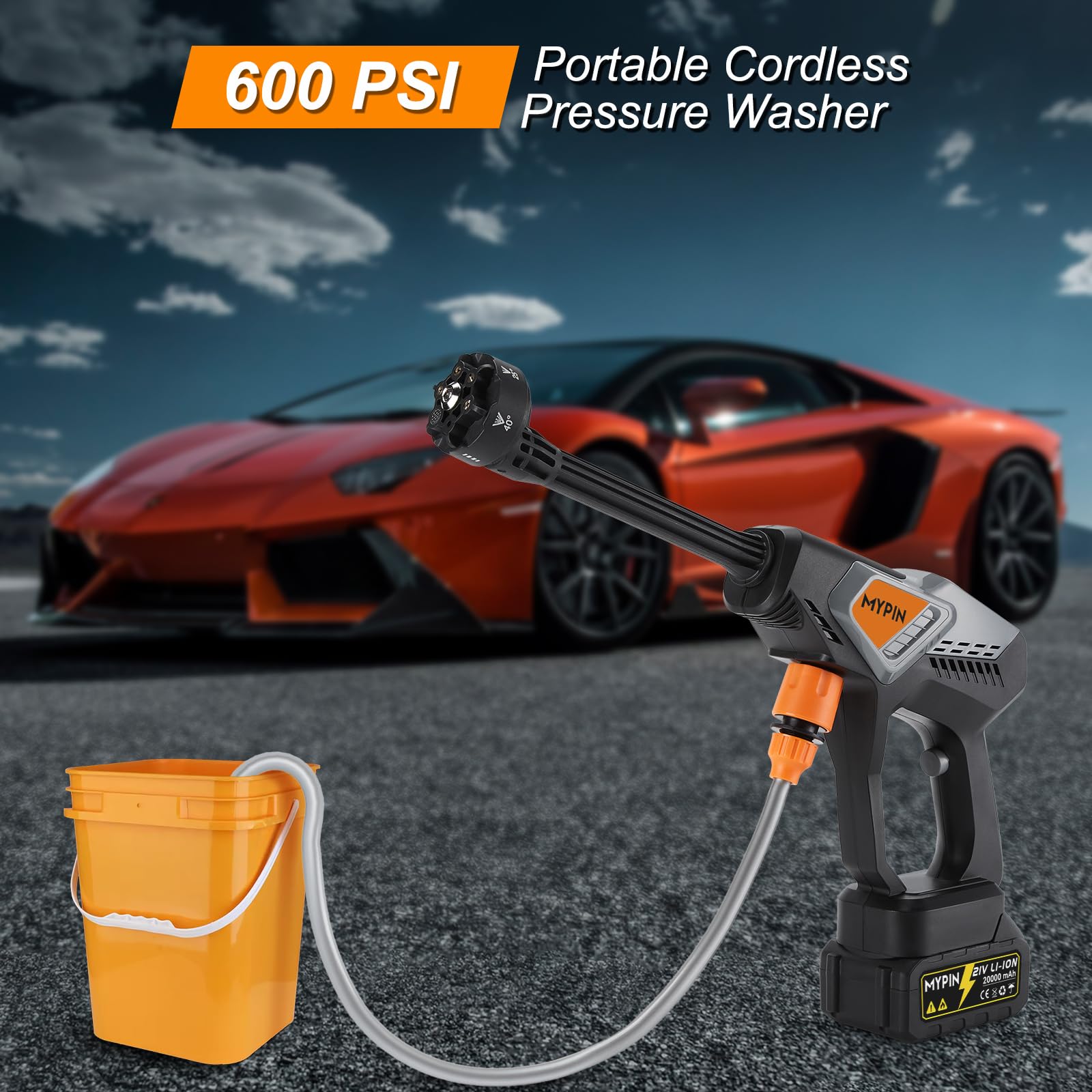 Portable Cordless 6 N 1 Pressure Washer, 600 PSI 21V 30,000mAH Rechargeable Battery Powered