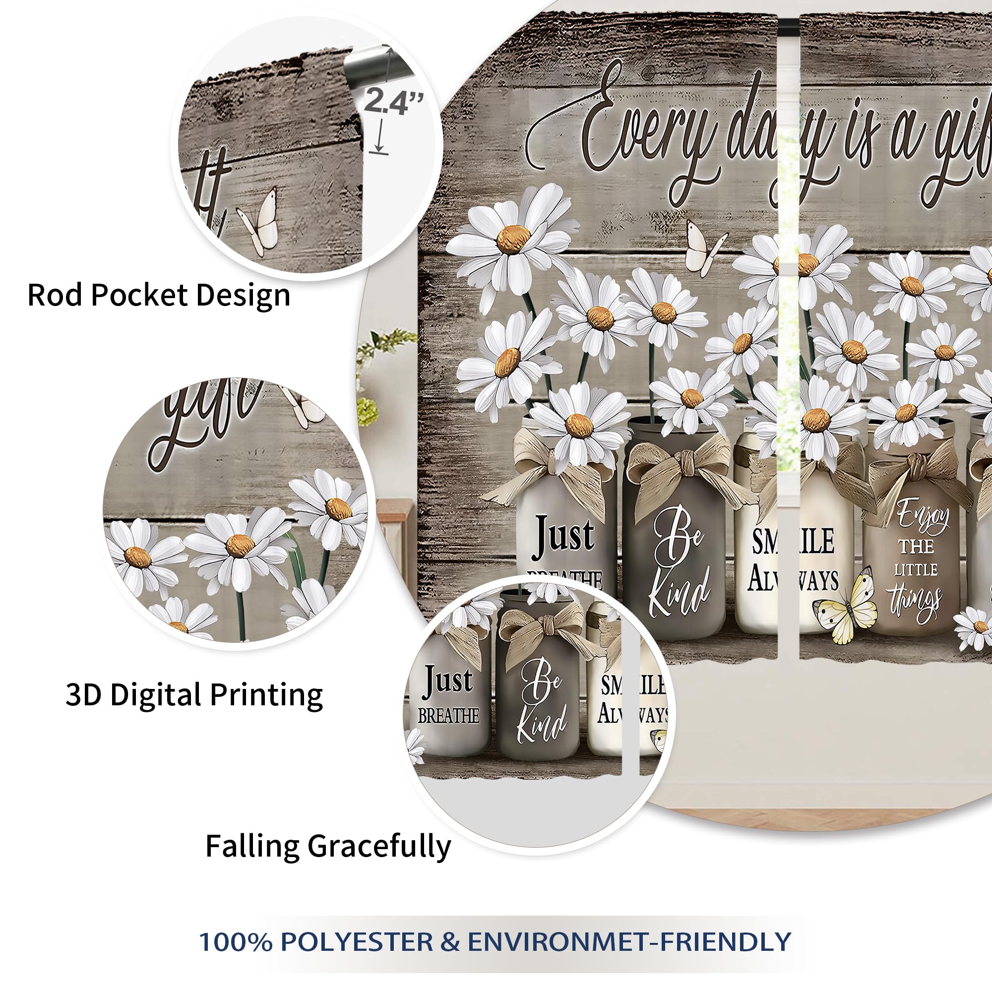 Floral Kitchen Curtains Daisy Rustic Vintage Flower Inspirational Small Short Cafe Window Curtains