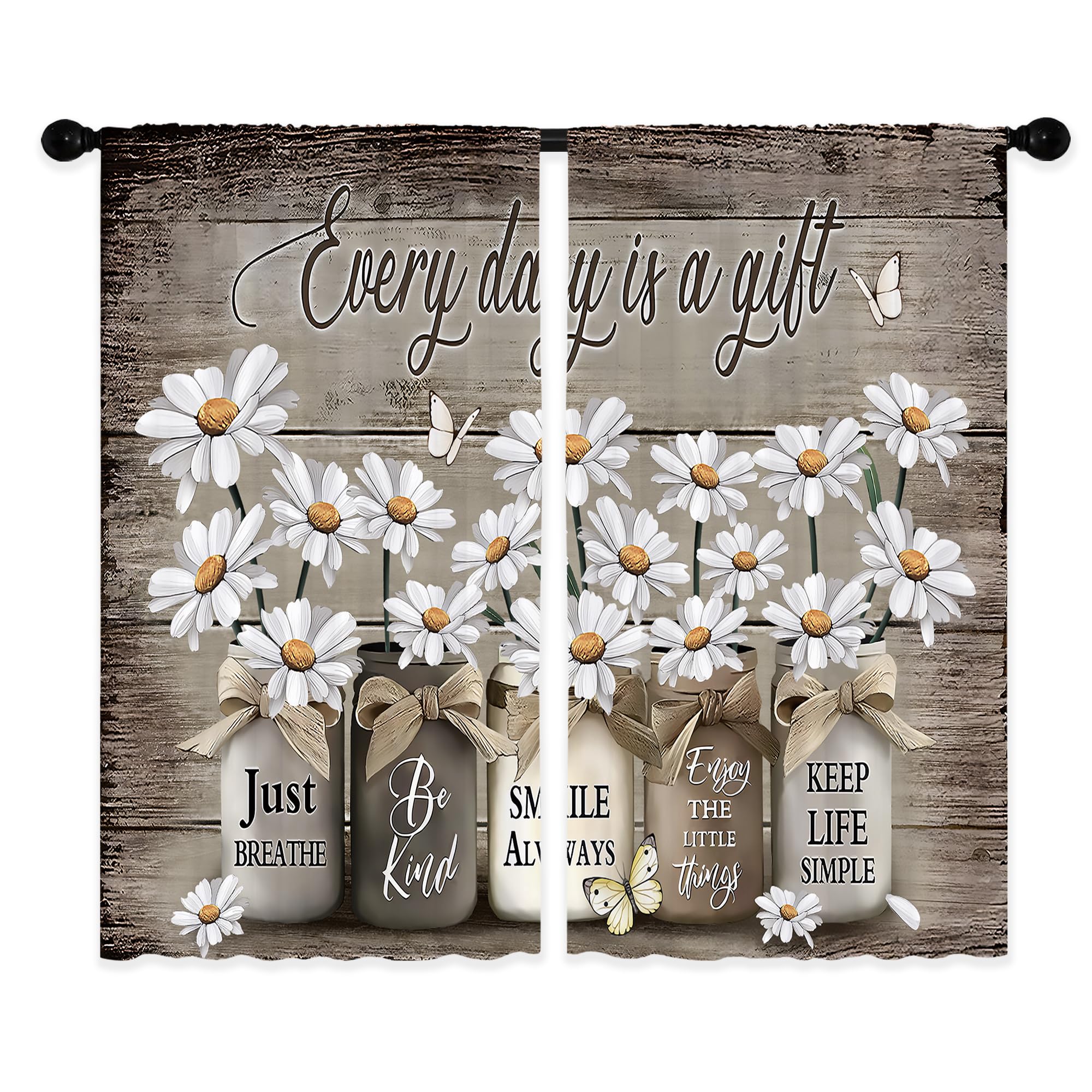 Floral Kitchen Curtains Daisy Rustic Vintage Flower Inspirational Small Short Cafe Window Curtains