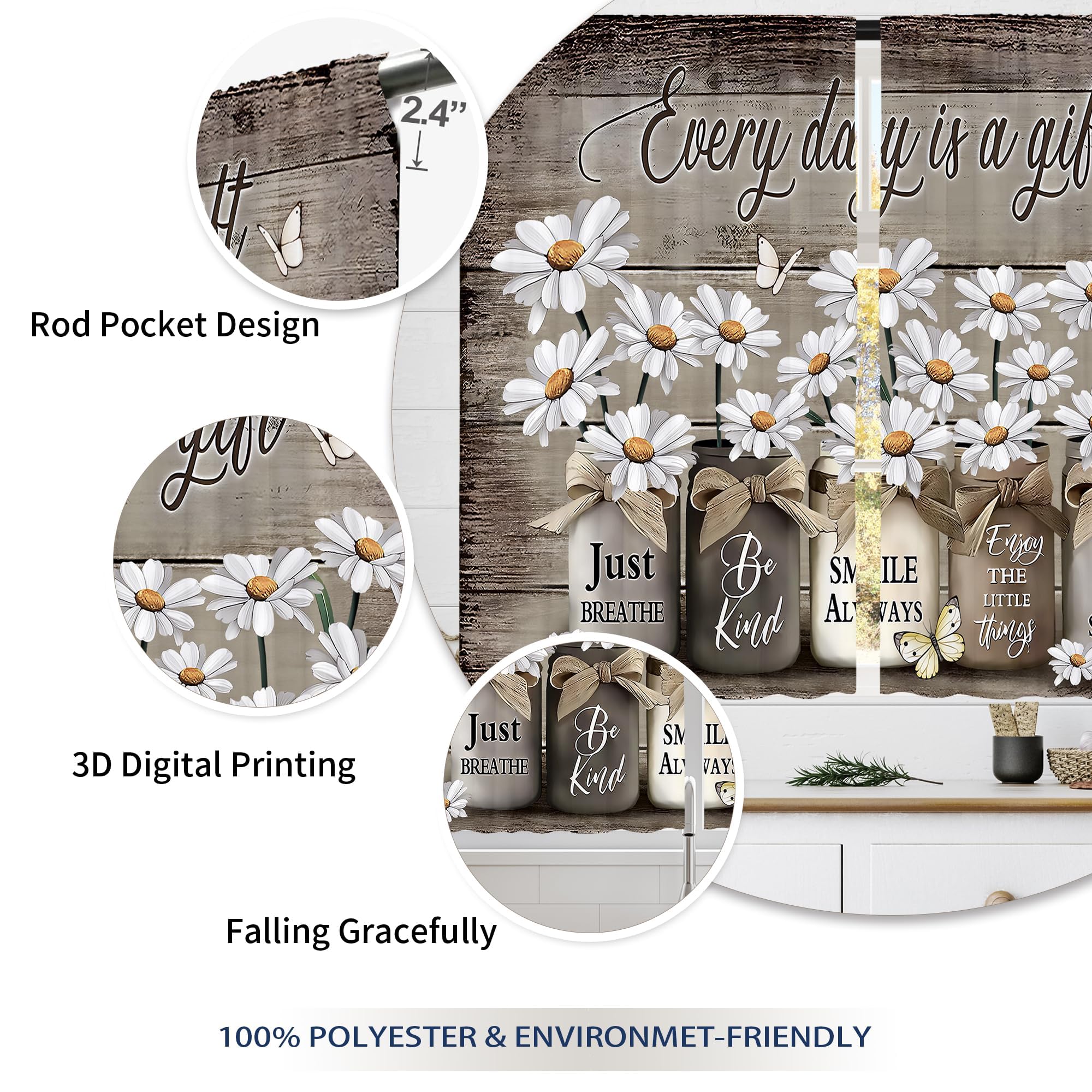 Floral Kitchen Curtains Daisy Rustic Vintage Flower Inspirational Small Short Cafe Window Curtains
