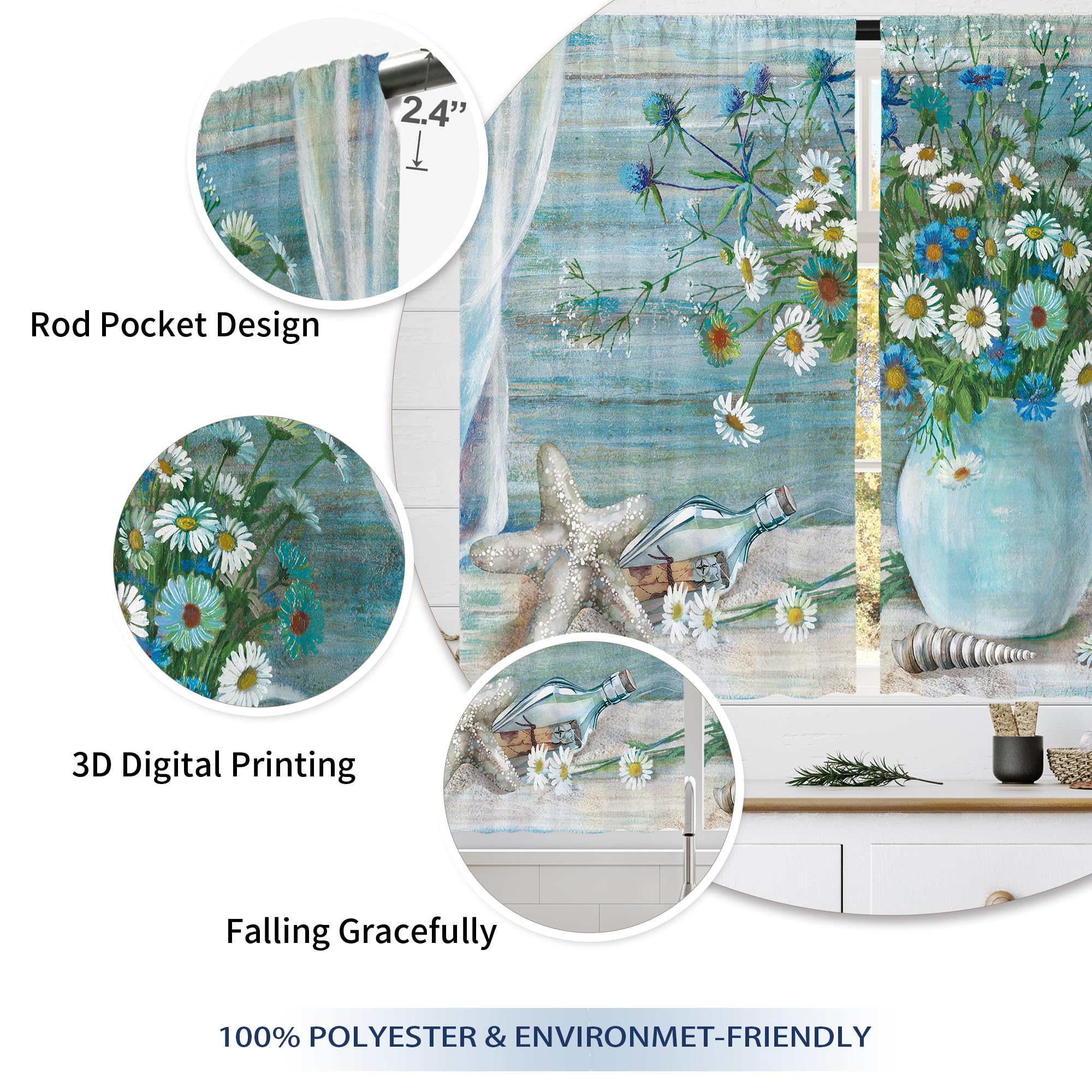 Floral Kitchen Curtains Daisy Rustic Vintage Flower Inspirational Small Short Cafe Window Curtains