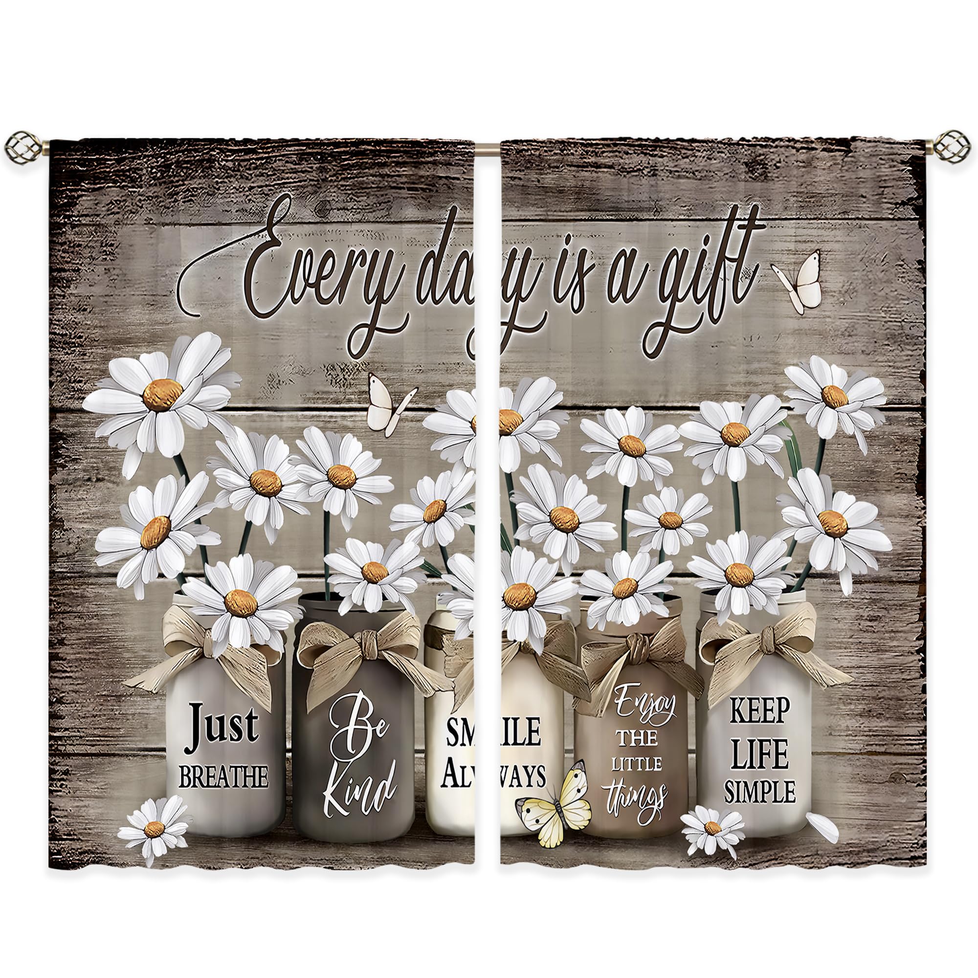 Floral Kitchen Curtains Daisy Rustic Vintage Flower Inspirational Small Short Cafe Window Curtains