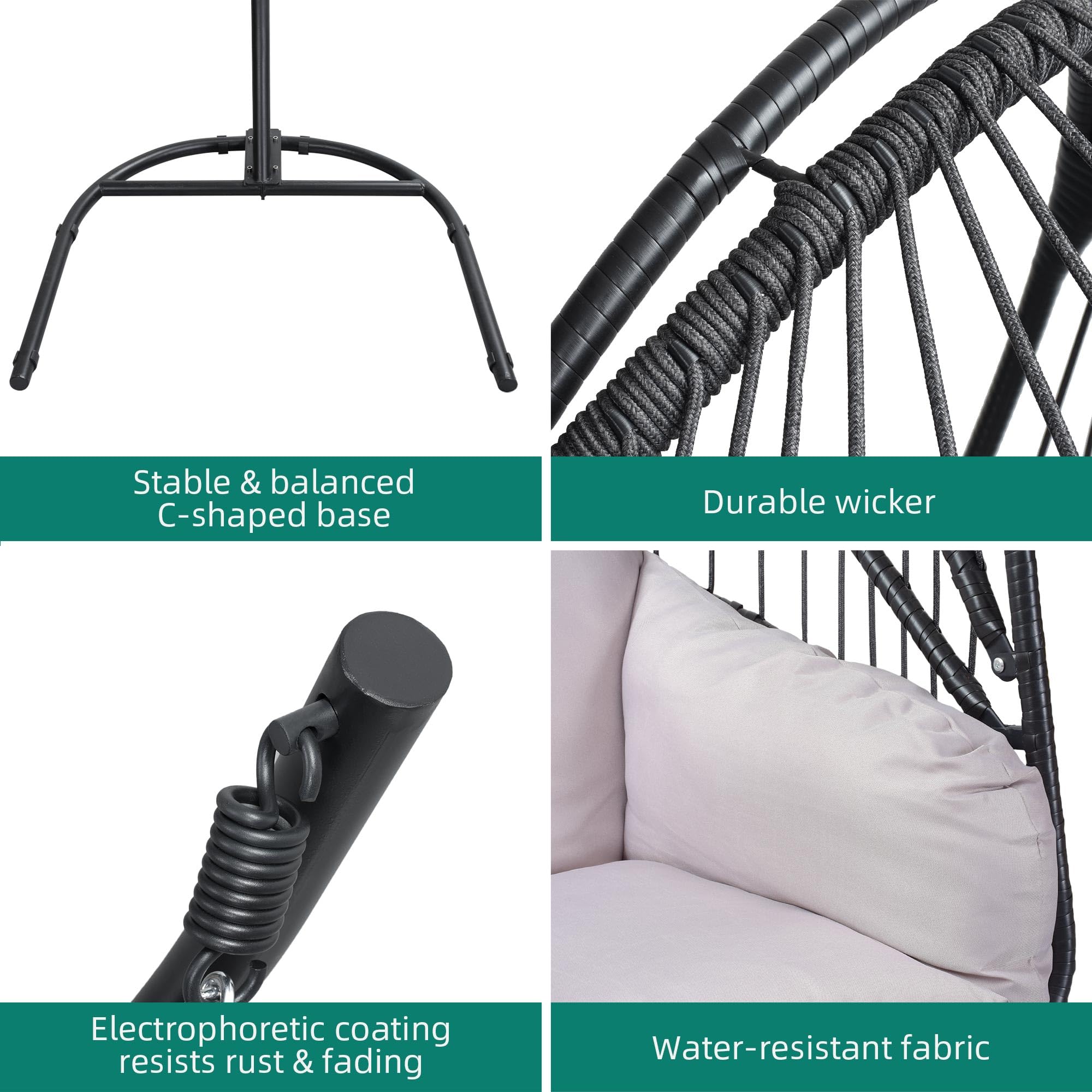 Wicker Hammock Chair Foldable Hanging Basket Chair With or Without Stand for Outdoor, Indoor, Patio,