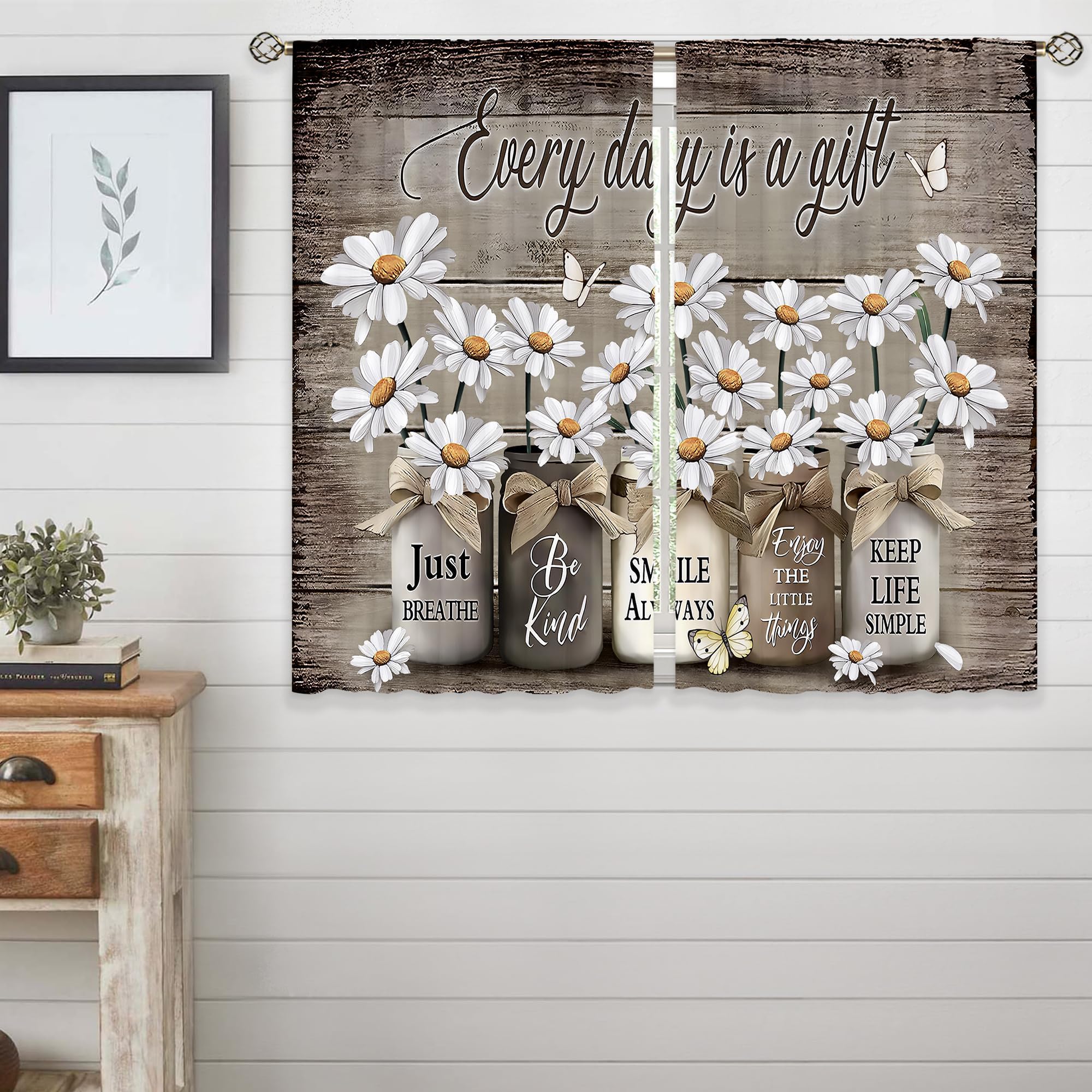 Floral Kitchen Curtains Daisy Rustic Vintage Flower Inspirational Small Short Cafe Window Curtains