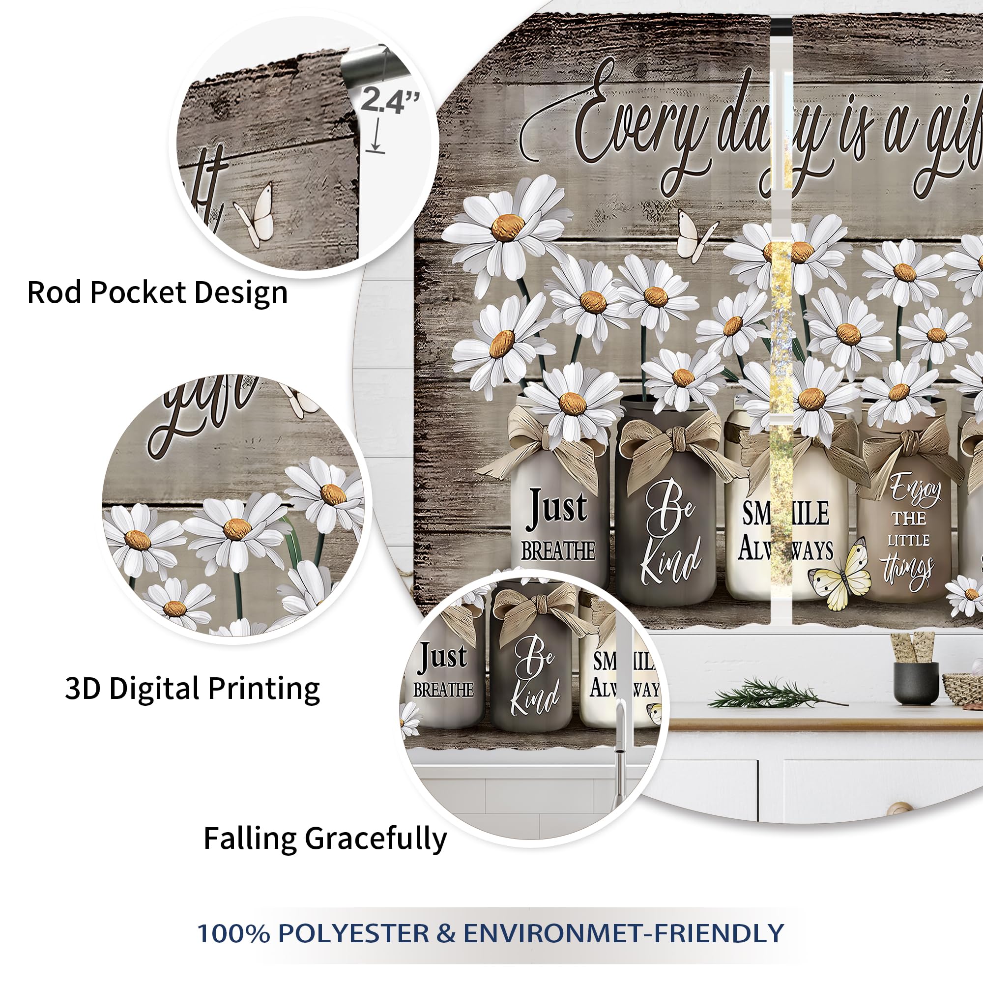 Floral Kitchen Curtains Daisy Rustic Vintage Flower Inspirational Small Short Cafe Window Curtains