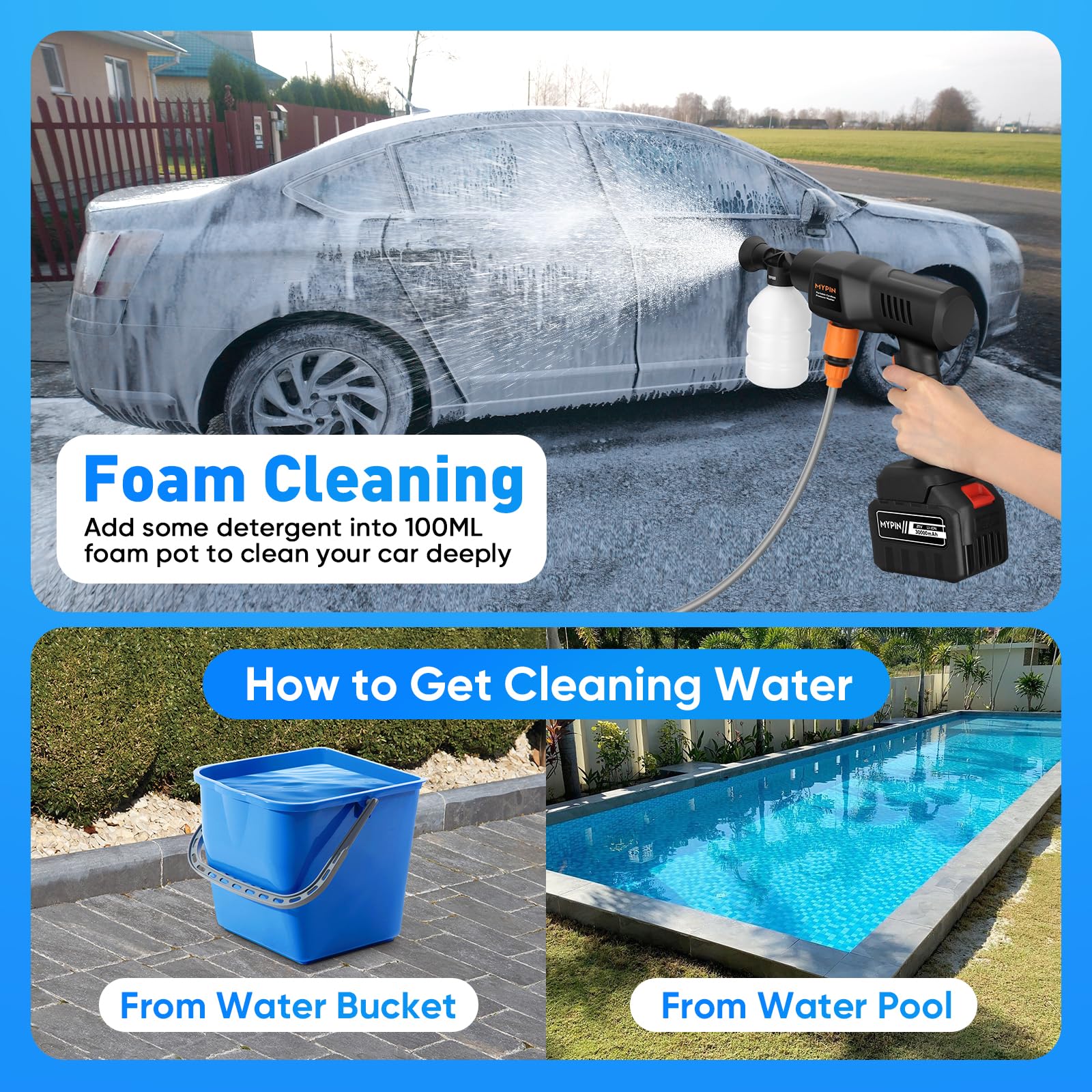 Portable Cordless 6 N 1 Pressure Washer, 600 PSI 21V 30,000mAH Rechargeable Battery Powered