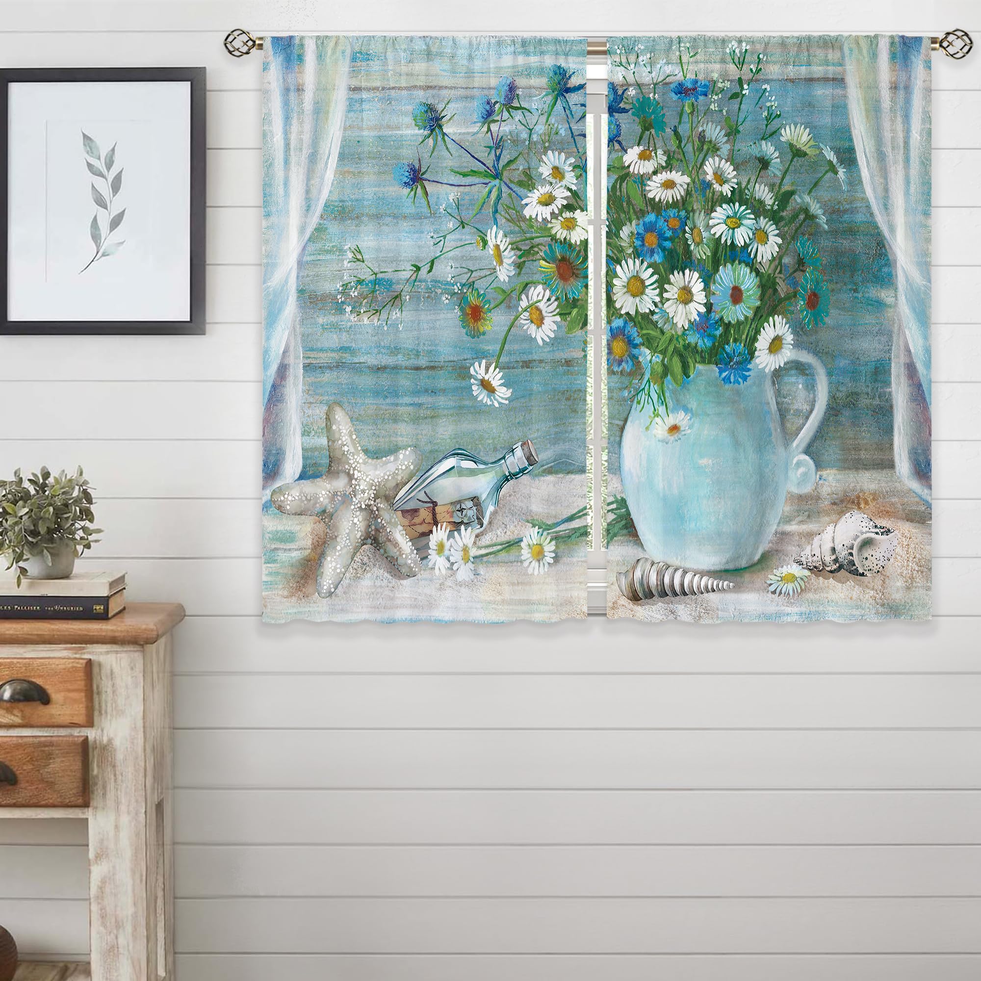 Floral Kitchen Curtains Daisy Rustic Vintage Flower Inspirational Small Short Cafe Window Curtains