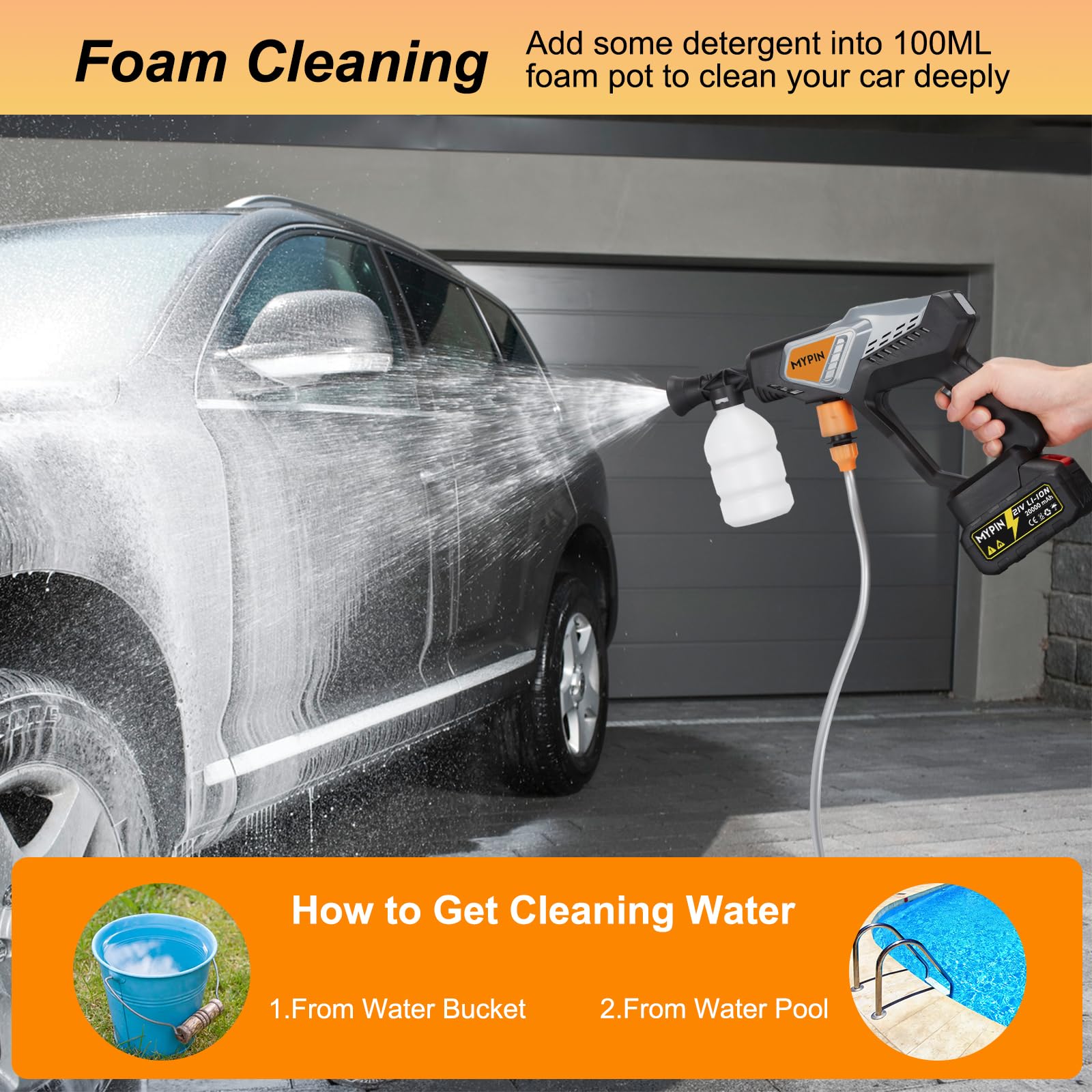 Portable Cordless 6 N 1 Pressure Washer, 600 PSI 21V 30,000mAH Rechargeable Battery Powered