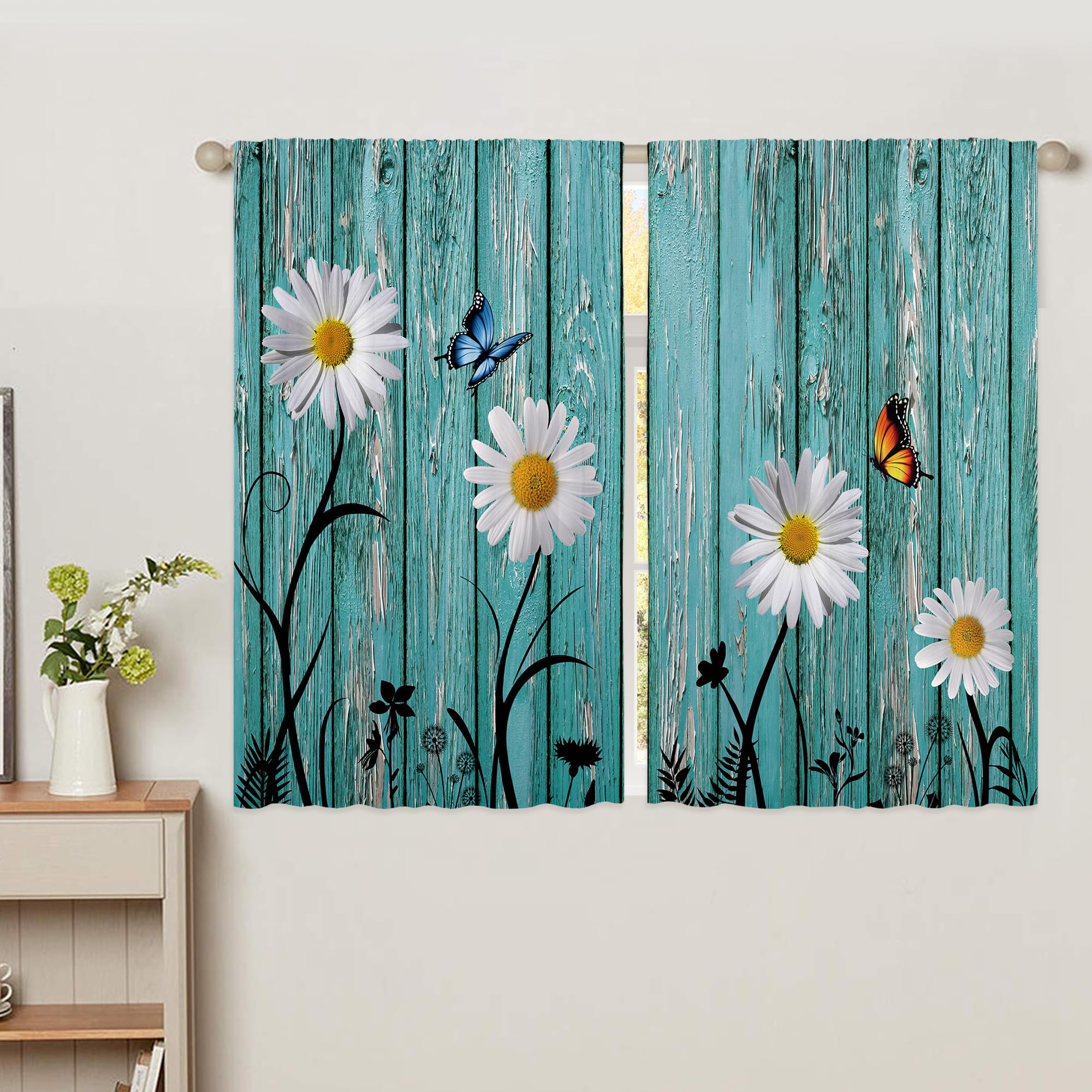Floral Kitchen Curtains Daisy Rustic Vintage Flower Inspirational Small Short Cafe Window Curtains