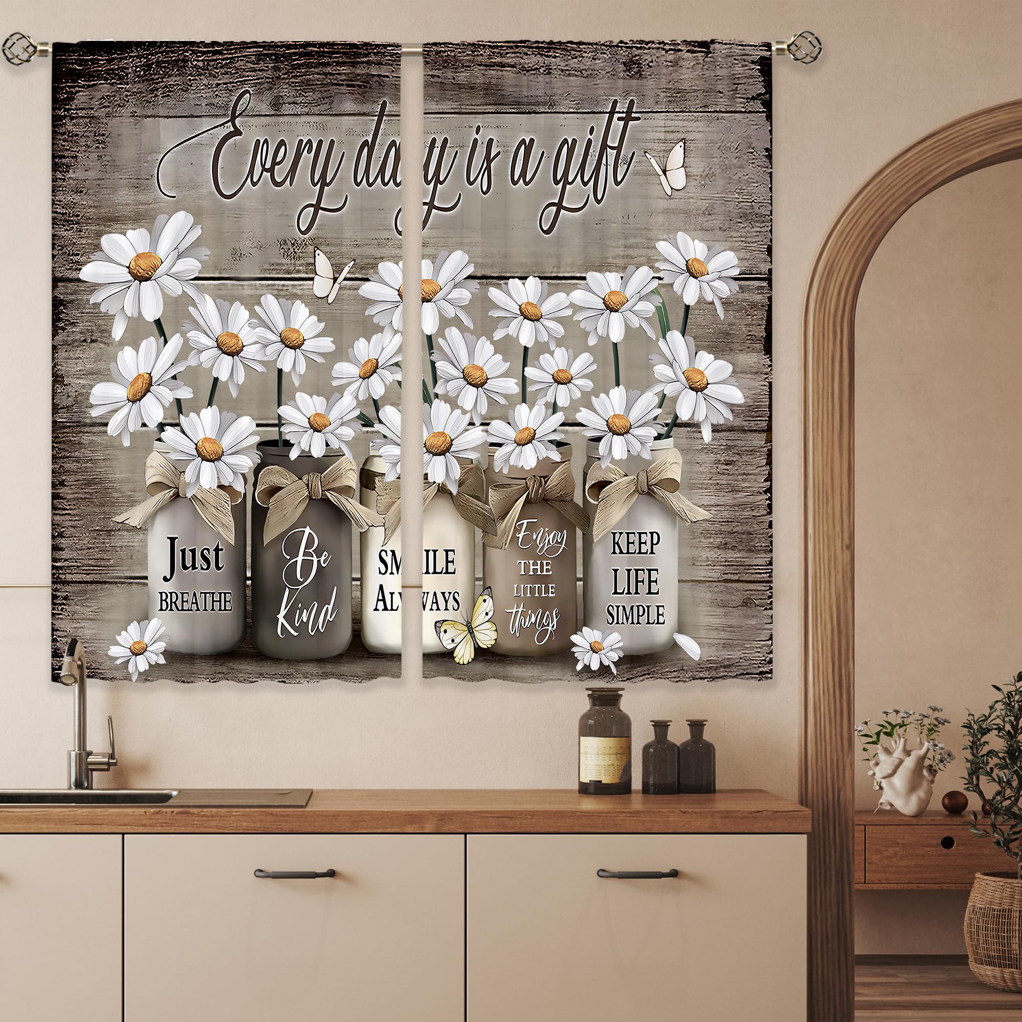 Floral Kitchen Curtains Daisy Rustic Vintage Flower Inspirational Small Short Cafe Window Curtains