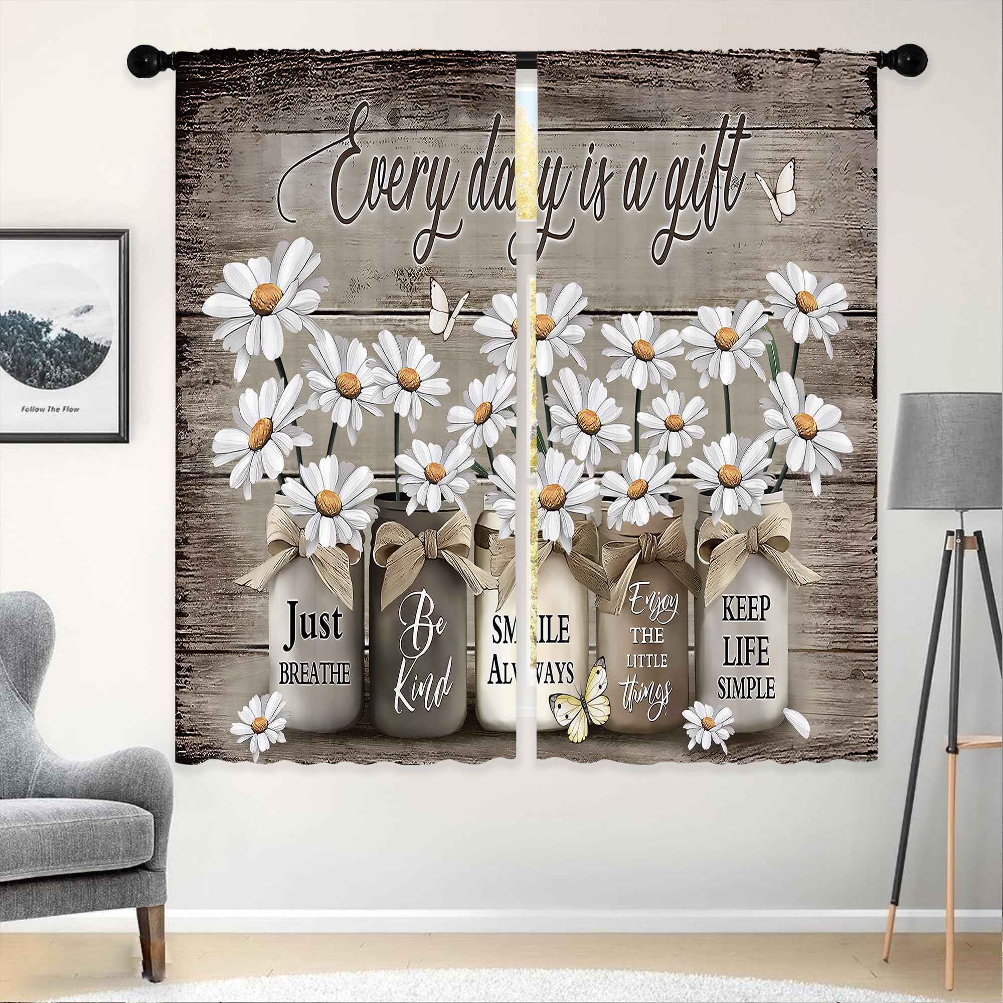 Floral Kitchen Curtains Daisy Rustic Vintage Flower Inspirational Small Short Cafe Window Curtains