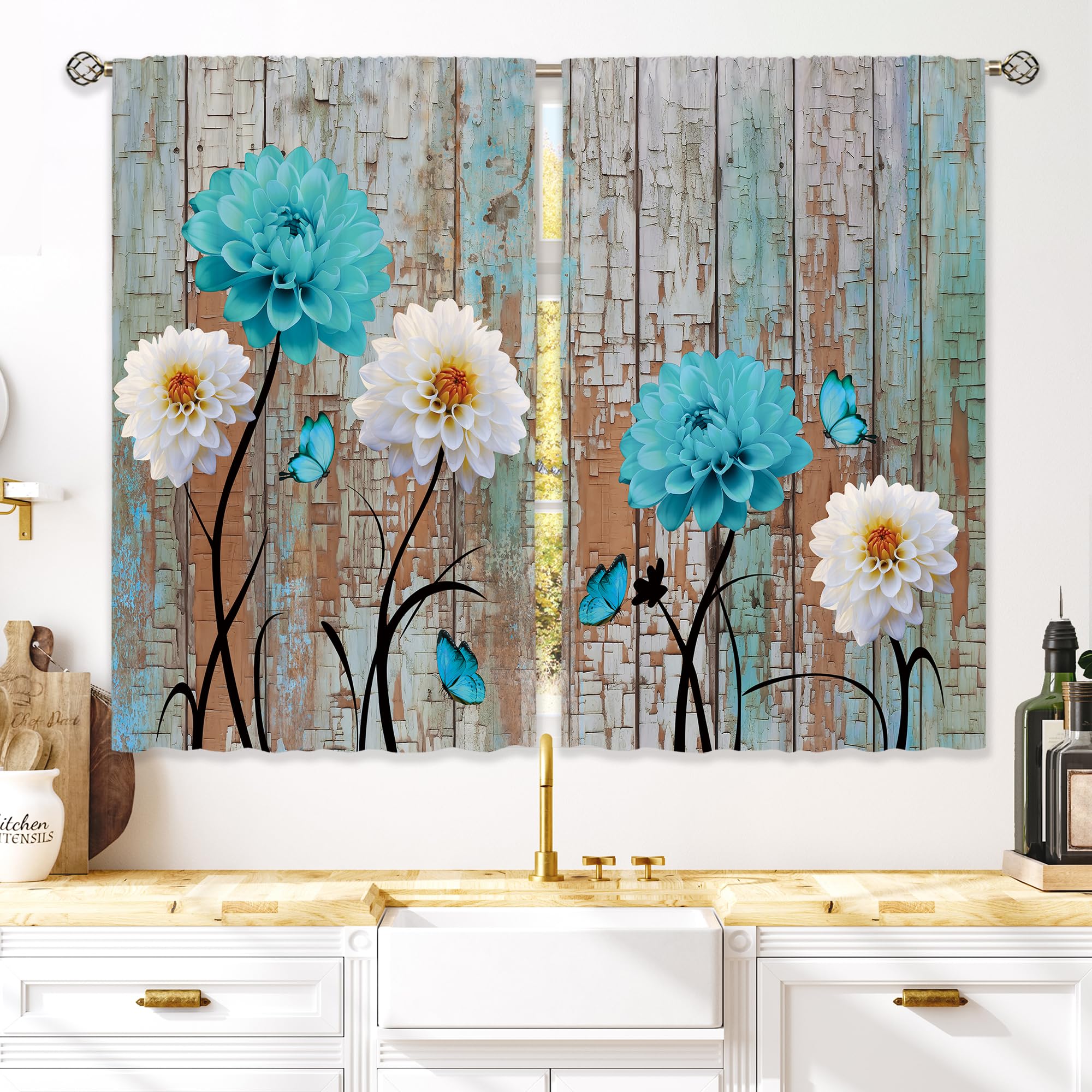 Floral Kitchen Curtains Daisy Rustic Vintage Flower Inspirational Small Short Cafe Window Curtains