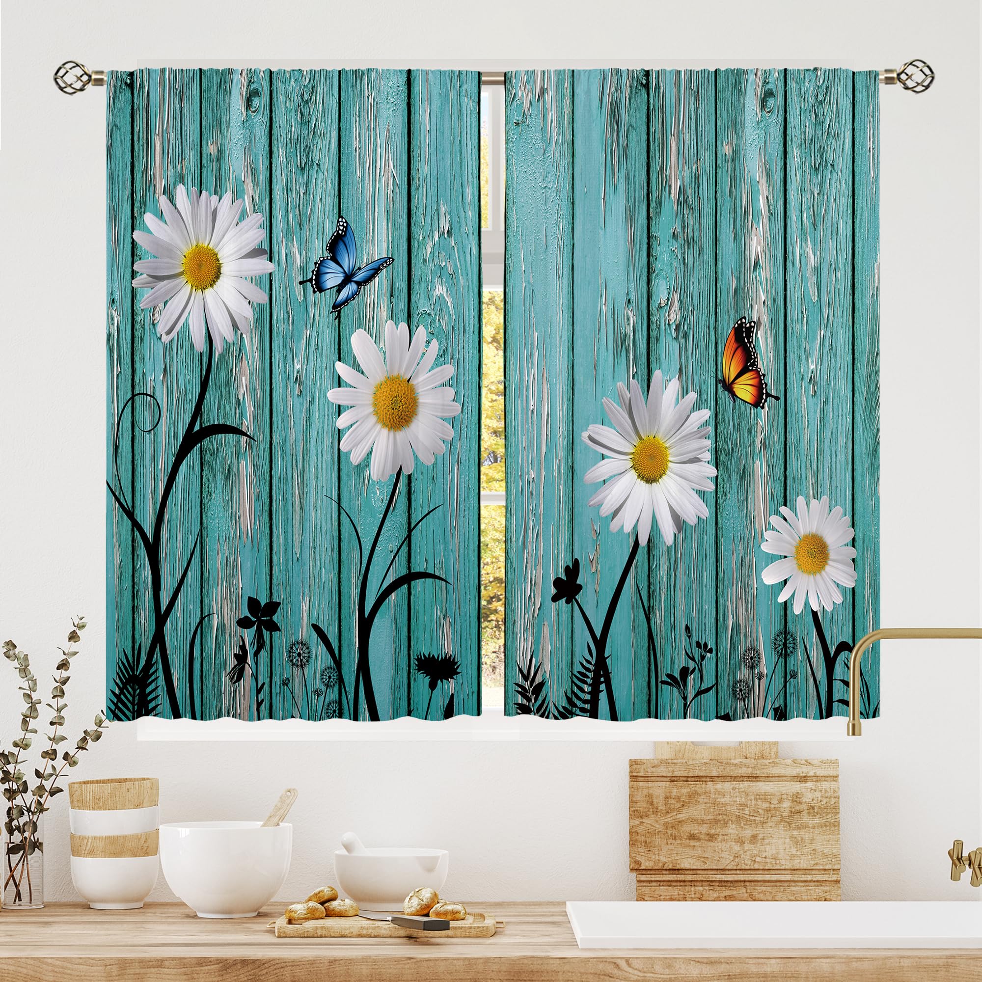 Floral Kitchen Curtains Daisy Rustic Vintage Flower Inspirational Small Short Cafe Window Curtains