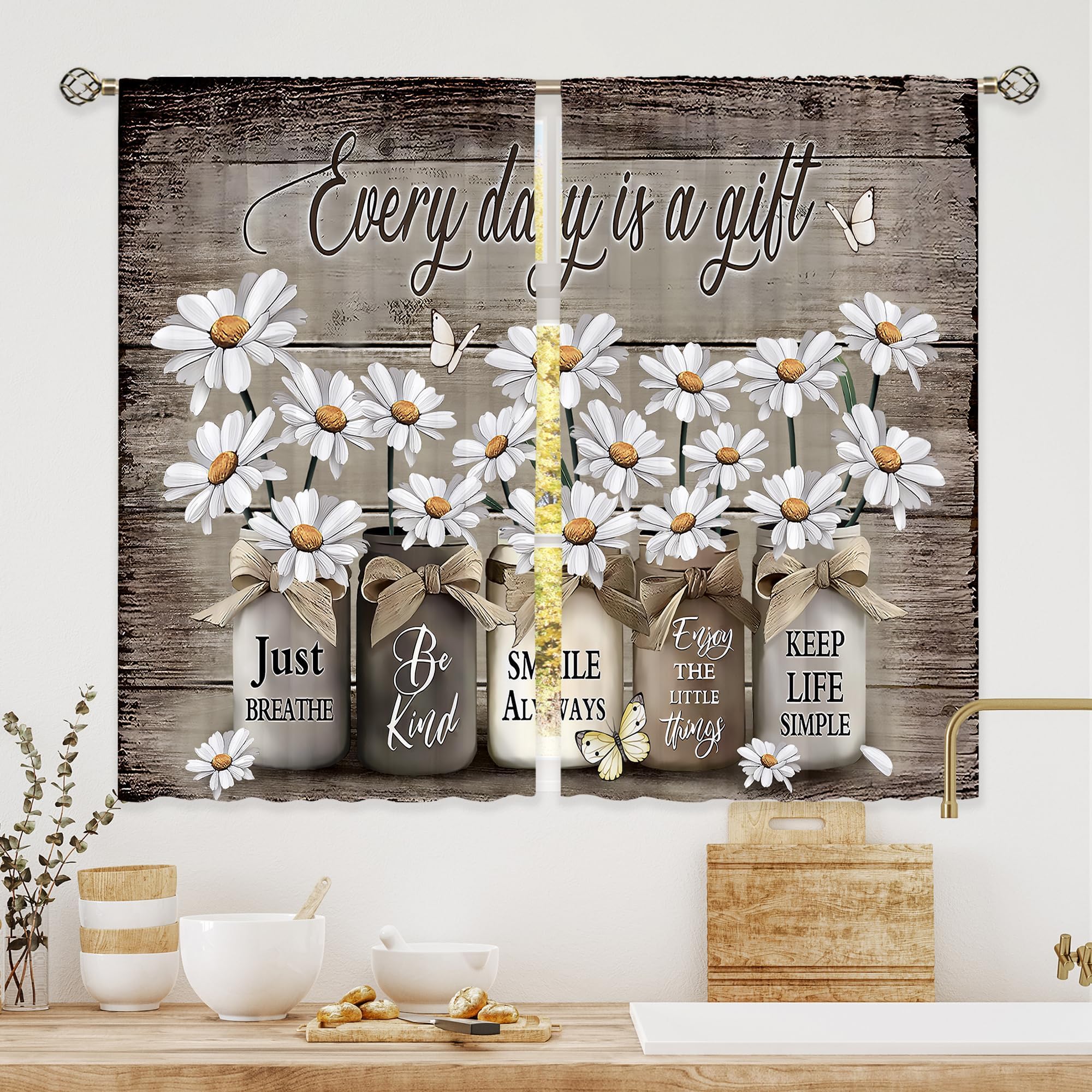 Floral Kitchen Curtains Daisy Rustic Vintage Flower Inspirational Small Short Cafe Window Curtains