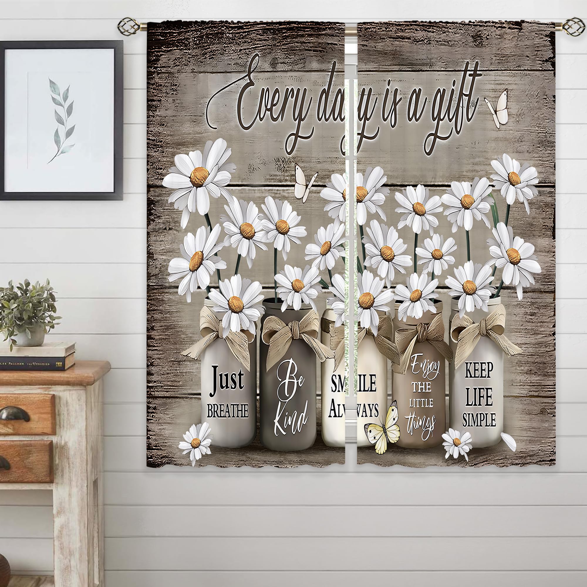 Floral Kitchen Curtains Daisy Rustic Vintage Flower Inspirational Small Short Cafe Window Curtains