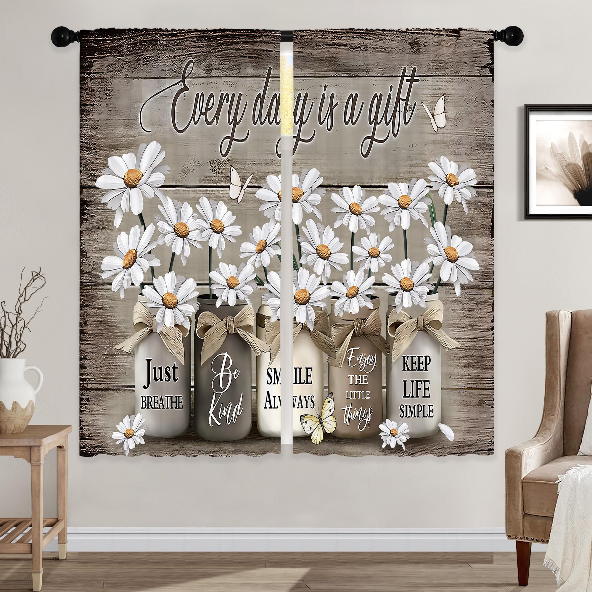Floral Kitchen Curtains Daisy Rustic Vintage Flower Inspirational Small Short Cafe Window Curtains