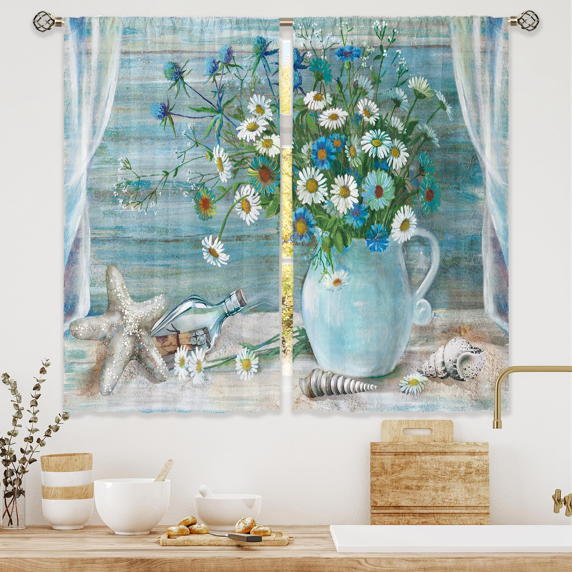 Floral Kitchen Curtains Daisy Rustic Vintage Flower Inspirational Small Short Cafe Window Curtains
