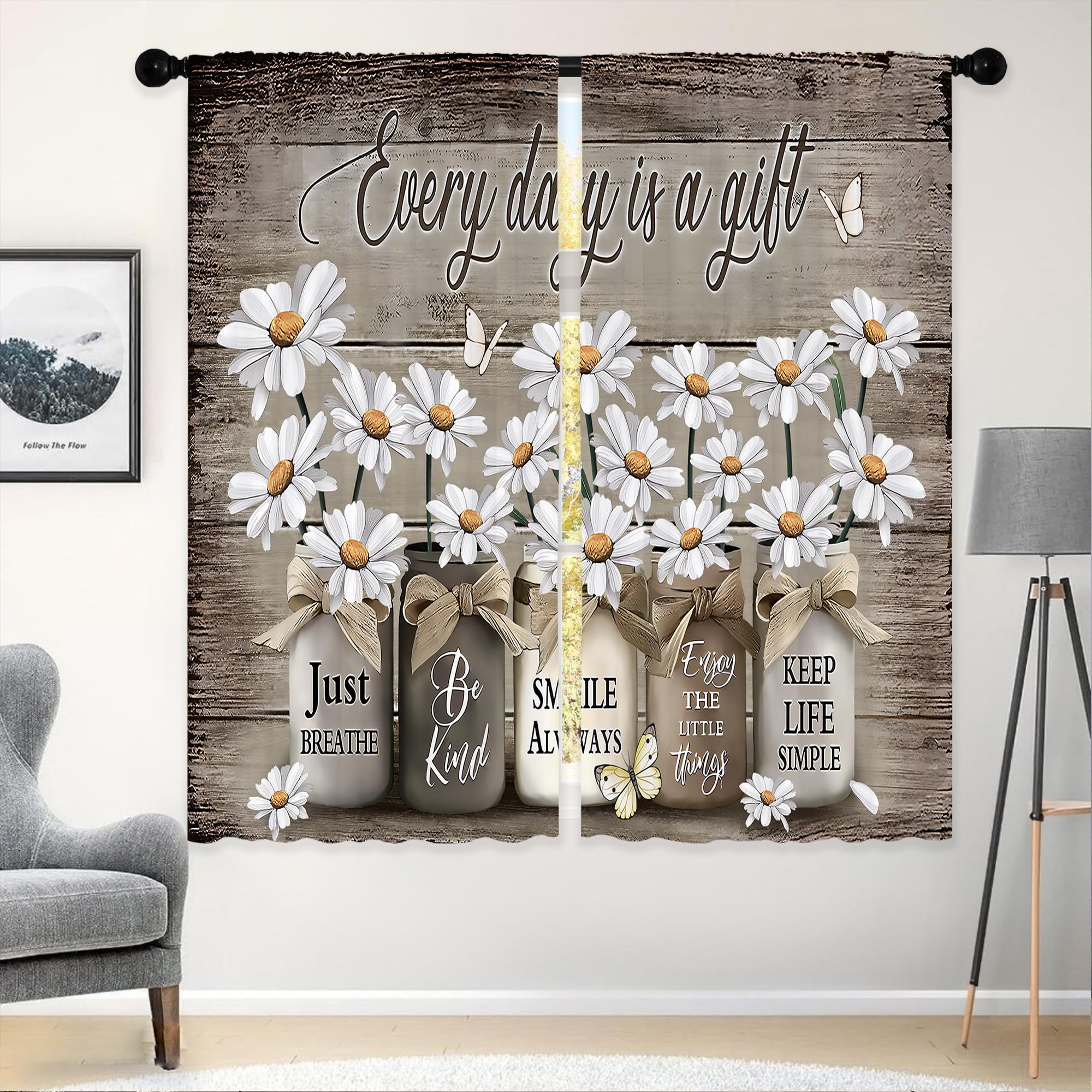 Floral Kitchen Curtains Daisy Rustic Vintage Flower Inspirational Small Short Cafe Window Curtains