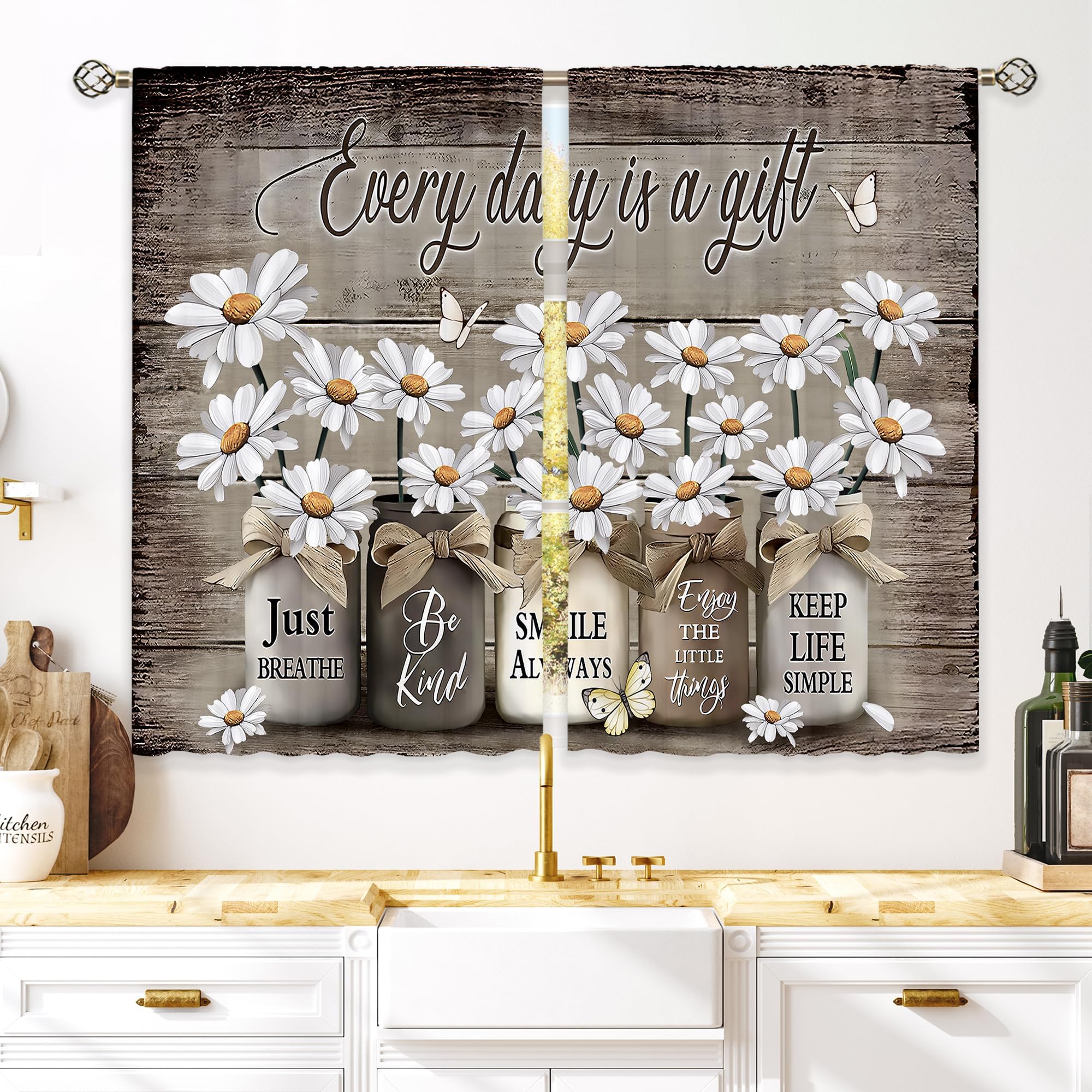 Floral Kitchen Curtains Daisy Rustic Vintage Flower Inspirational Small Short Cafe Window Curtains