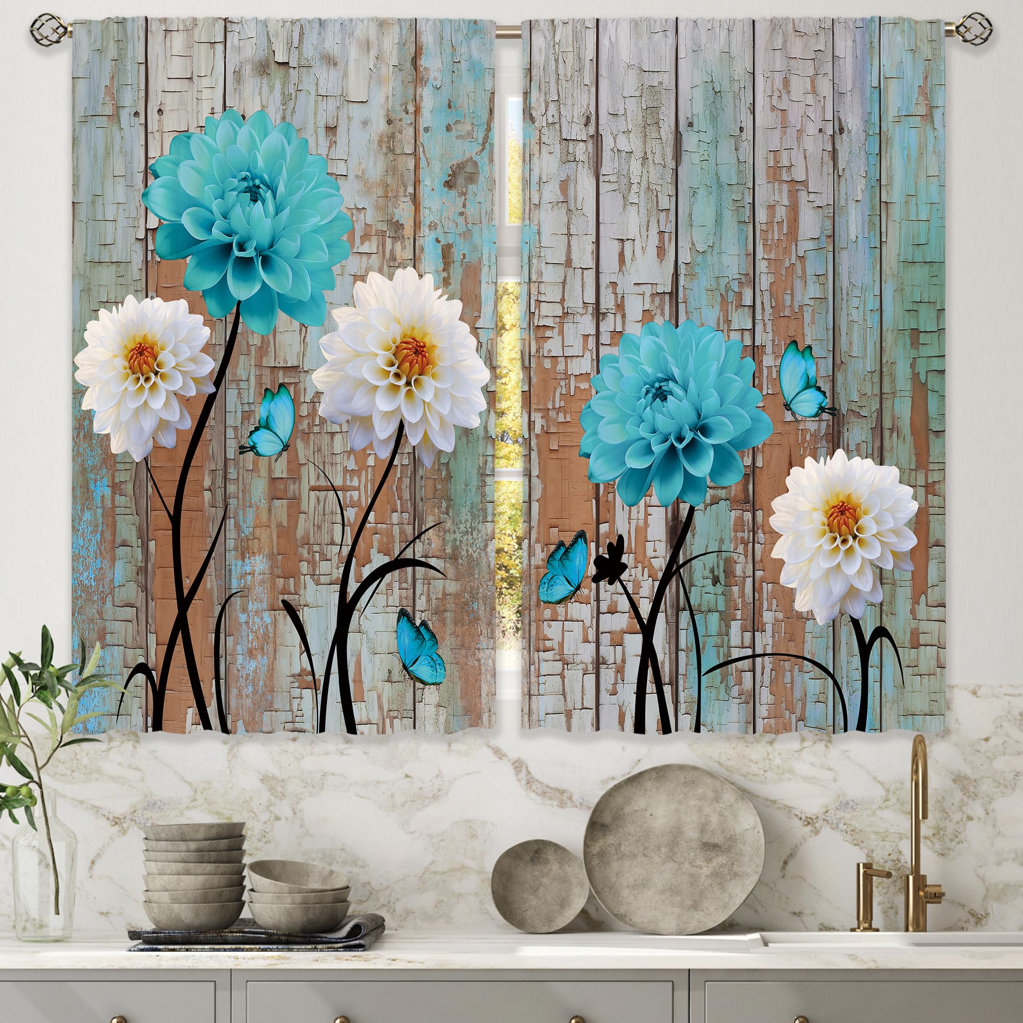 Floral Kitchen Curtains Daisy Rustic Vintage Flower Inspirational Small Short Cafe Window Curtains