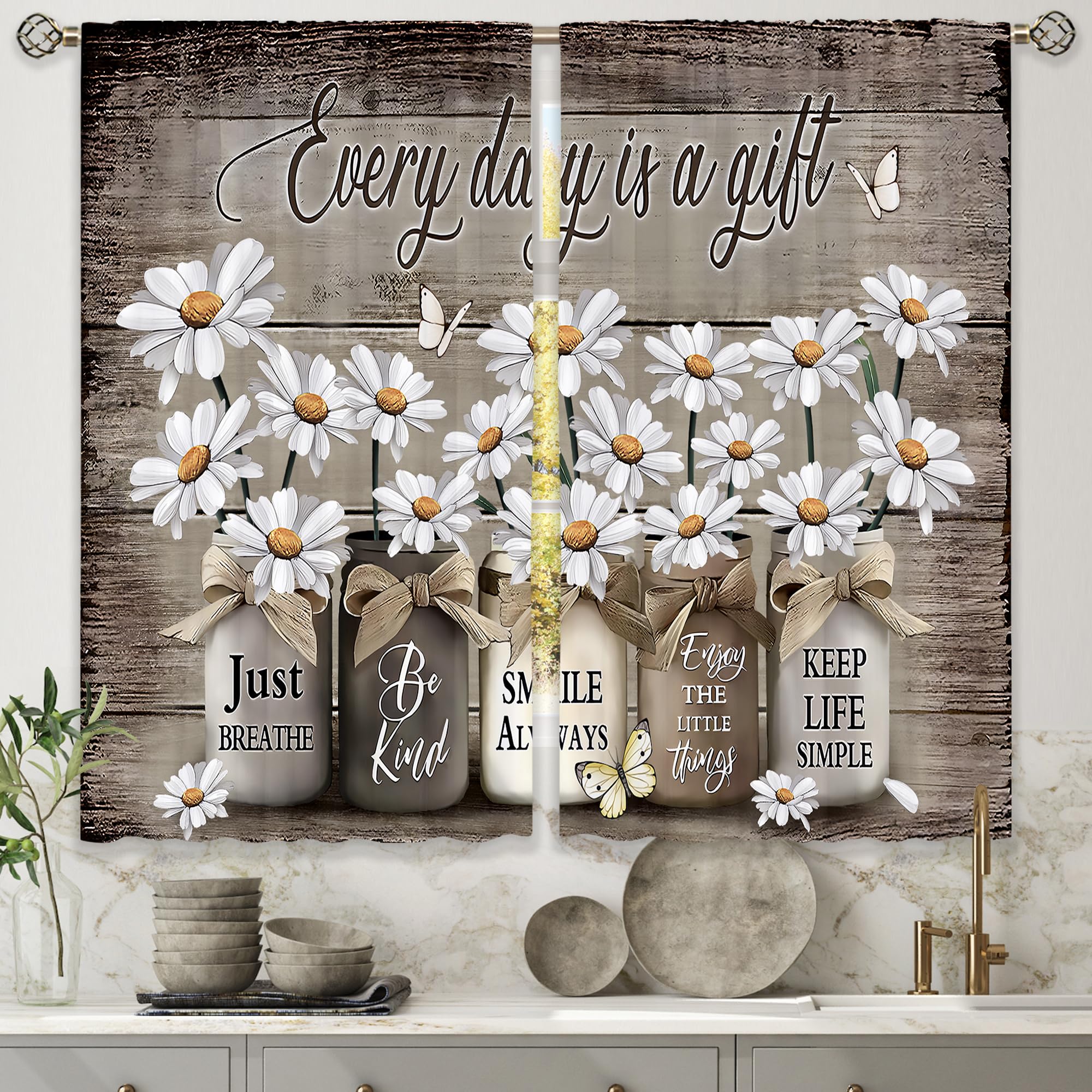 Floral Kitchen Curtains Daisy Rustic Vintage Flower Inspirational Small Short Cafe Window Curtains