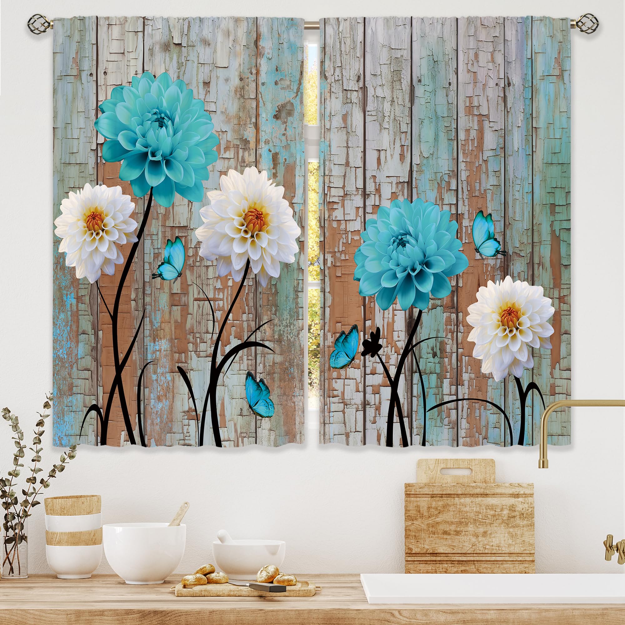 Floral Kitchen Curtains Daisy Rustic Vintage Flower Inspirational Small Short Cafe Window Curtains
