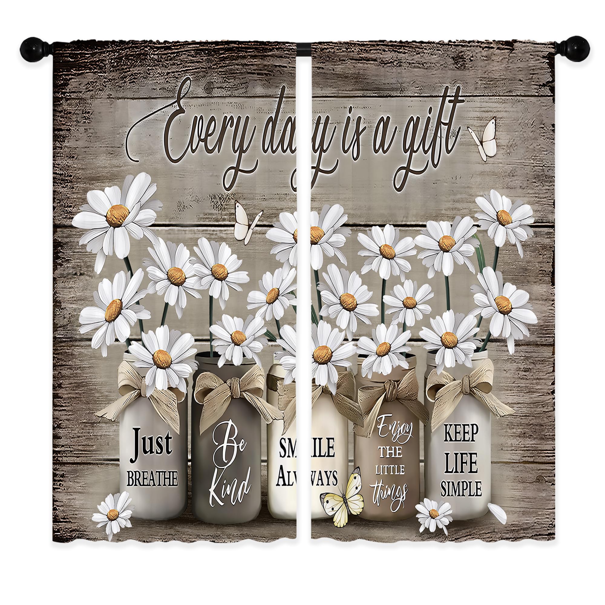 Floral Kitchen Curtains Daisy Rustic Vintage Flower Inspirational Small Short Cafe Window Curtains