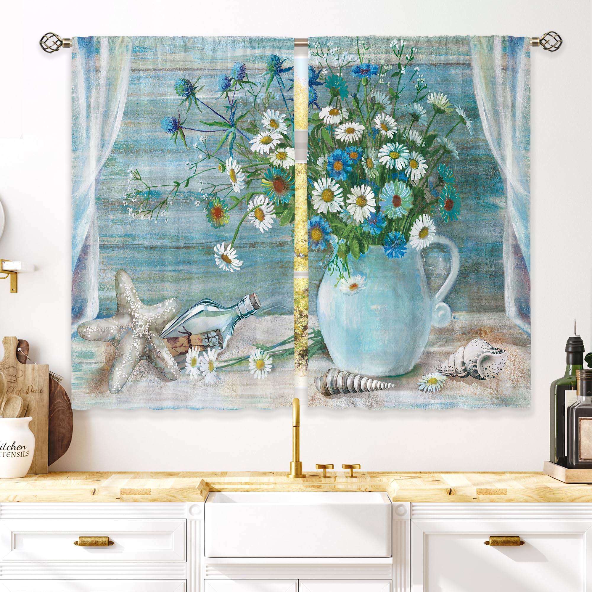 Floral Kitchen Curtains Daisy Rustic Vintage Flower Inspirational Small Short Cafe Window Curtains