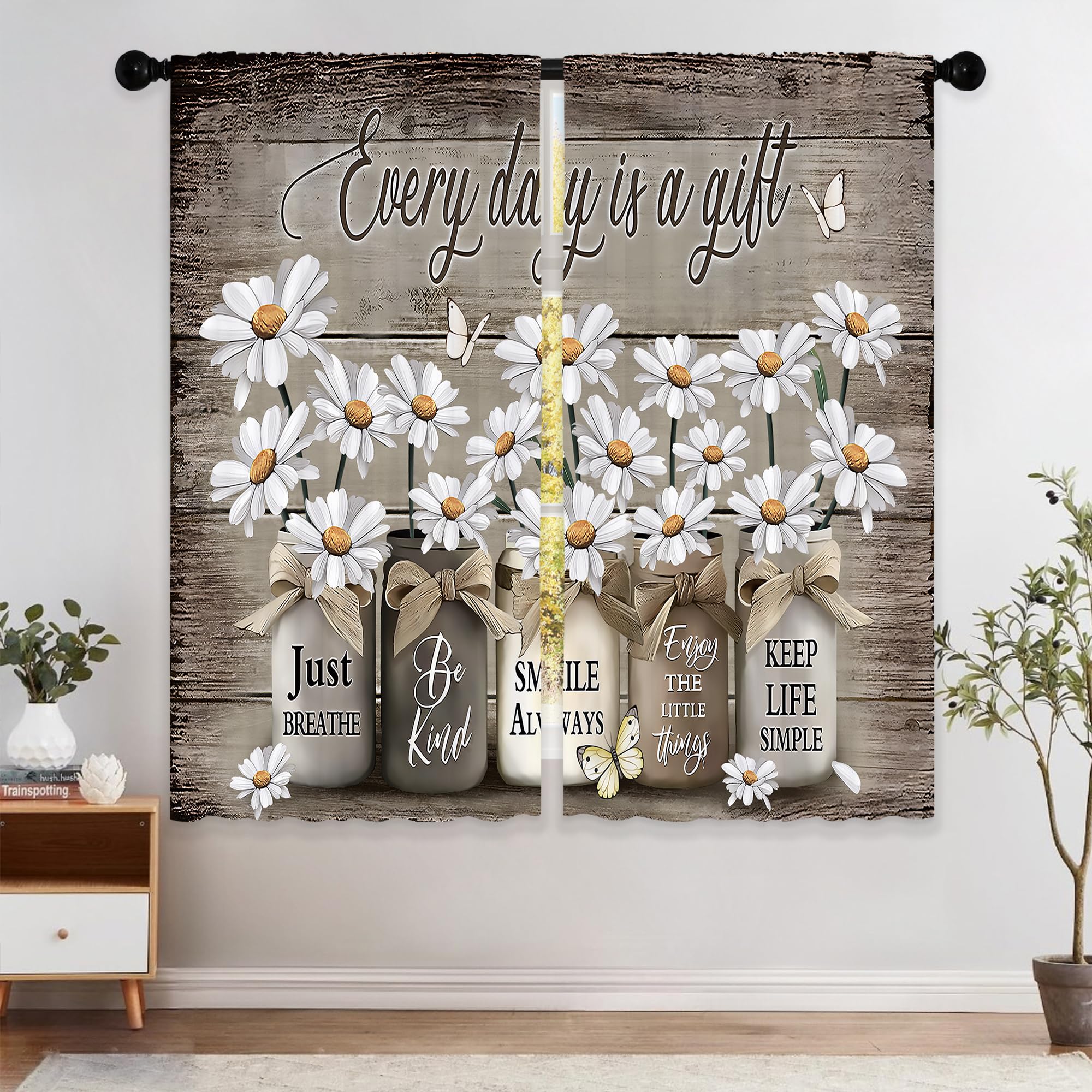 Floral Kitchen Curtains Daisy Rustic Vintage Flower Inspirational Small Short Cafe Window Curtains