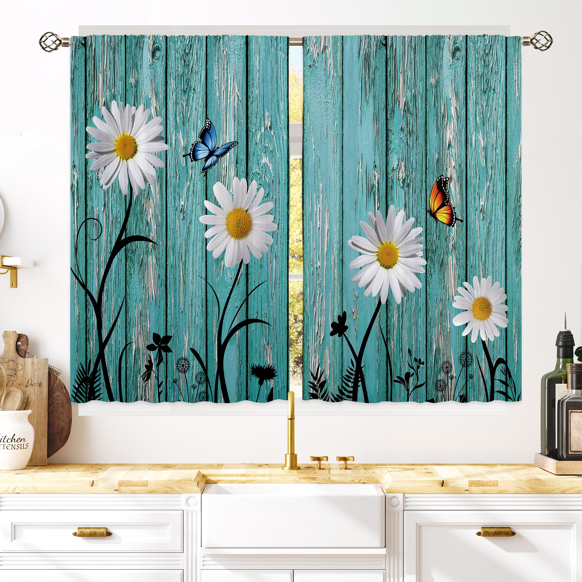 Floral Kitchen Curtains Daisy Rustic Vintage Flower Inspirational Small Short Cafe Window Curtains