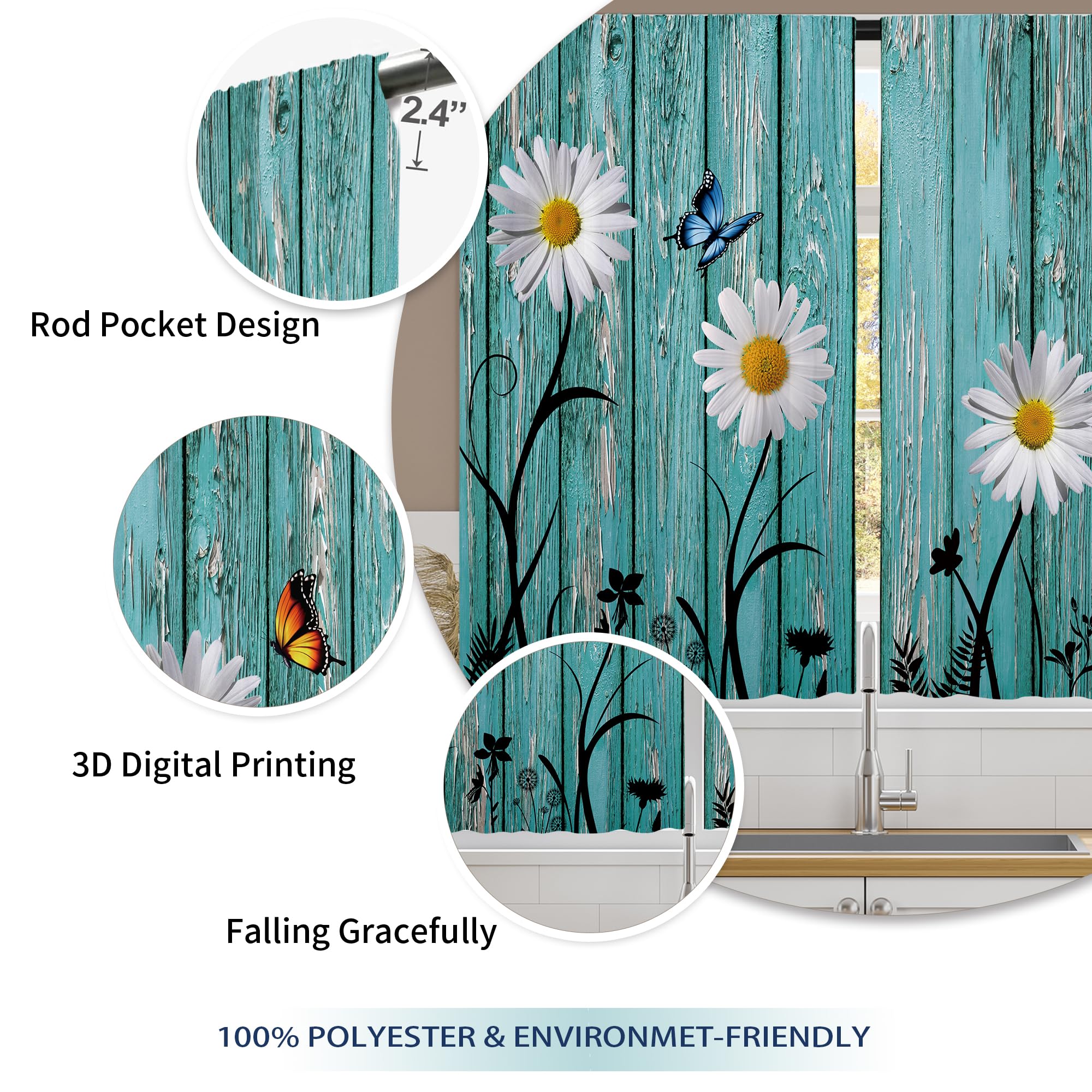 Floral Kitchen Curtains Daisy Rustic Vintage Flower Inspirational Small Short Cafe Window Curtains