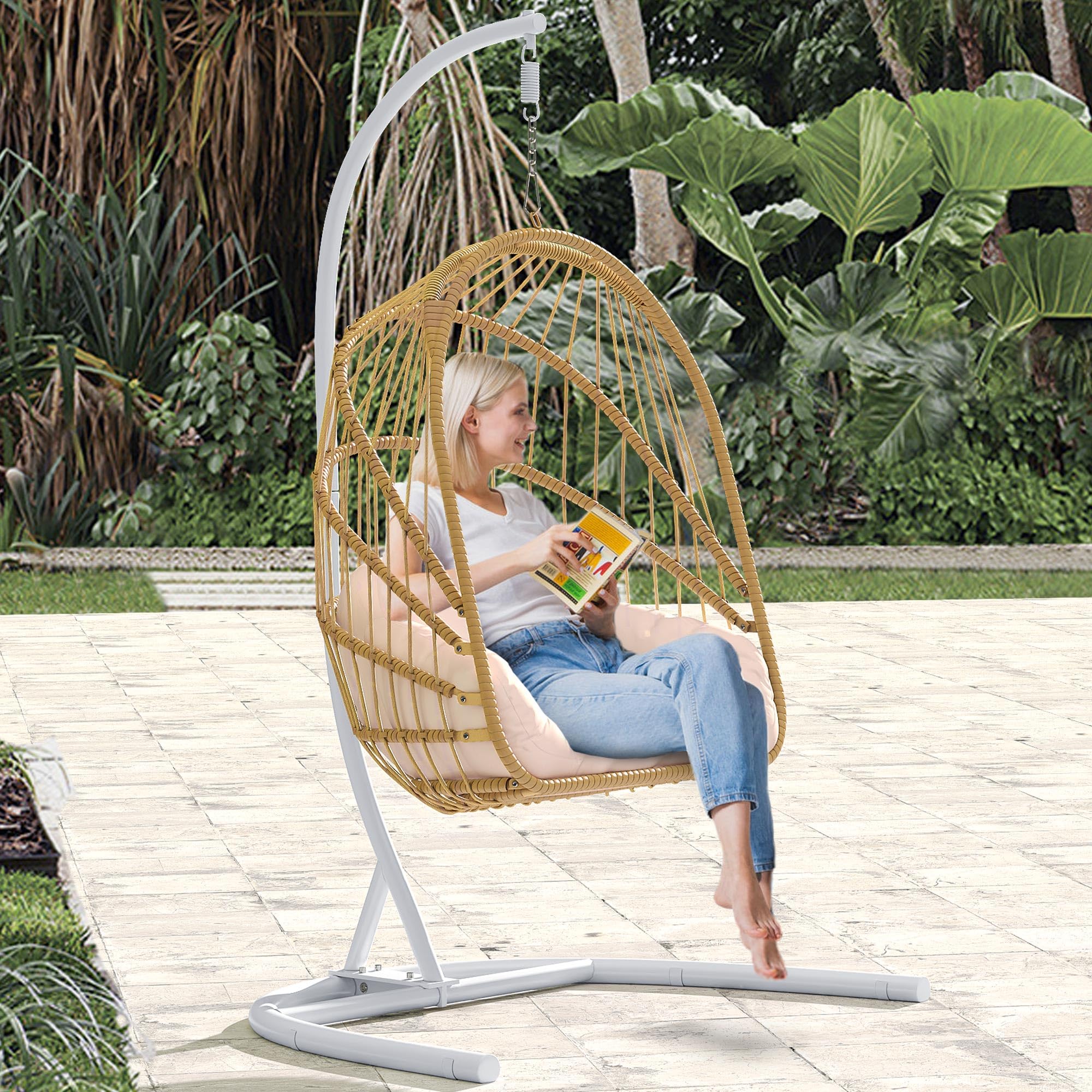 Wicker Hammock Chair Foldable Hanging Basket Chair With or Without Stand for Outdoor, Indoor, Patio,